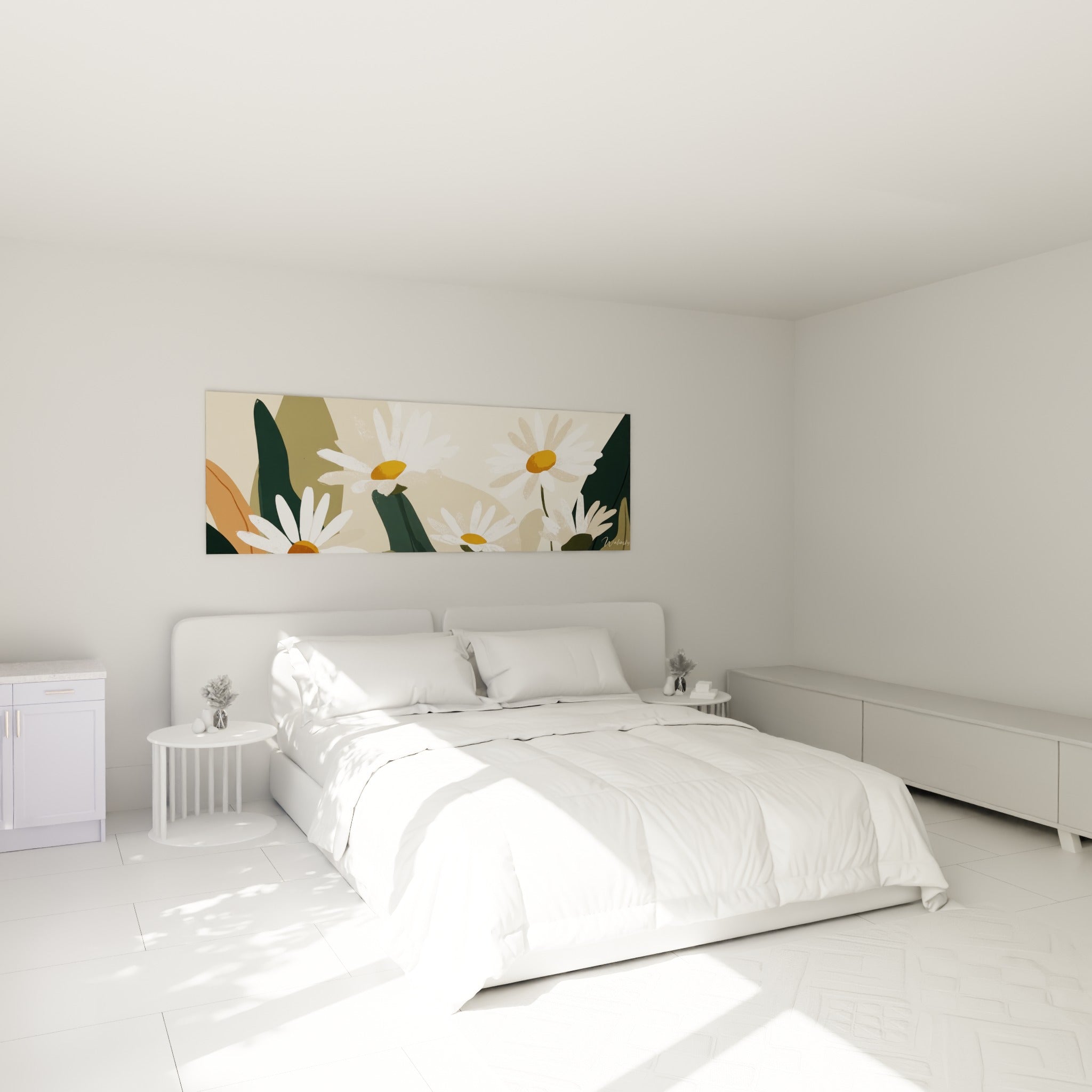 Fleurs de marguerite blanches et terracotta ornent le mur au-dessus d'un lit dans une chambre claire