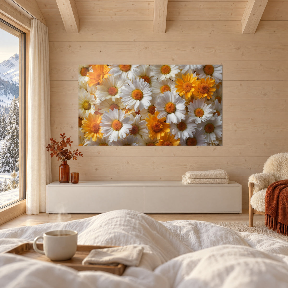 Schilderij mozaïek van ivoorkleurige en honinggele madeliefjes, felle oranje harten, boven een bed in een lichte slaapkamer