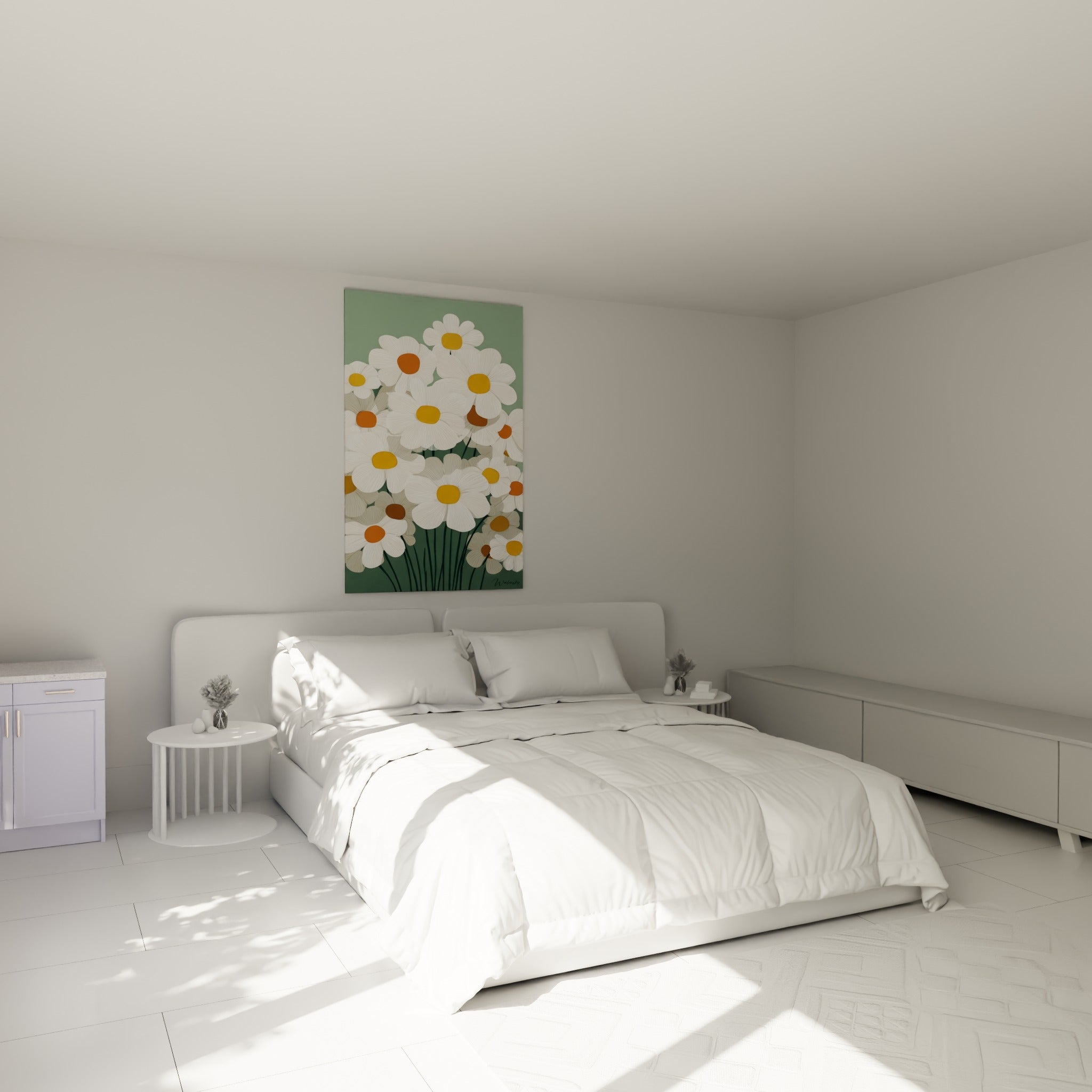 Bouquet de marguerites blanches et safran au-dessus d'un lit dans une chambre claire