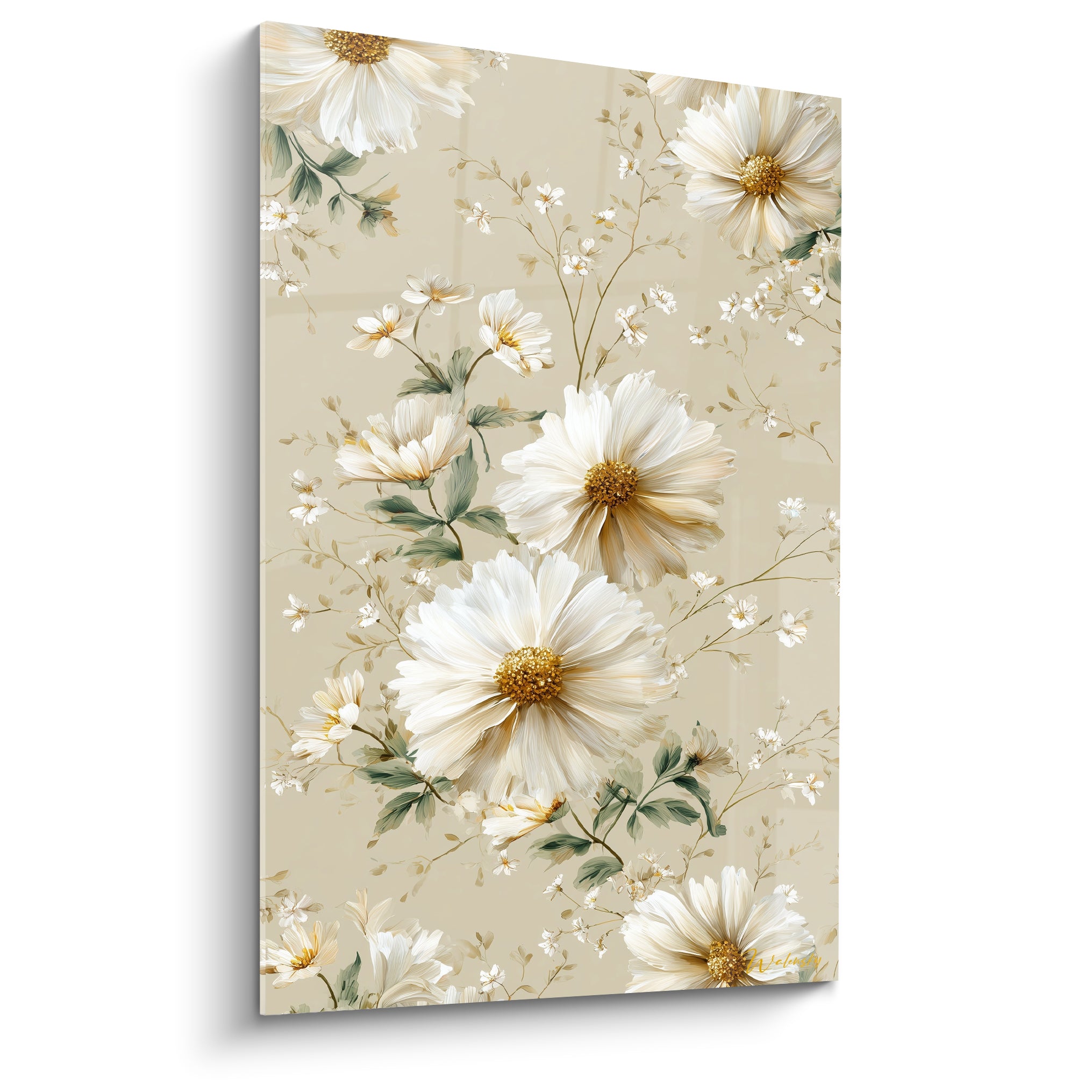 Marguerites blanches aux cœurs dorés sur fond beige sable, style aquarelle délicat et raffiné