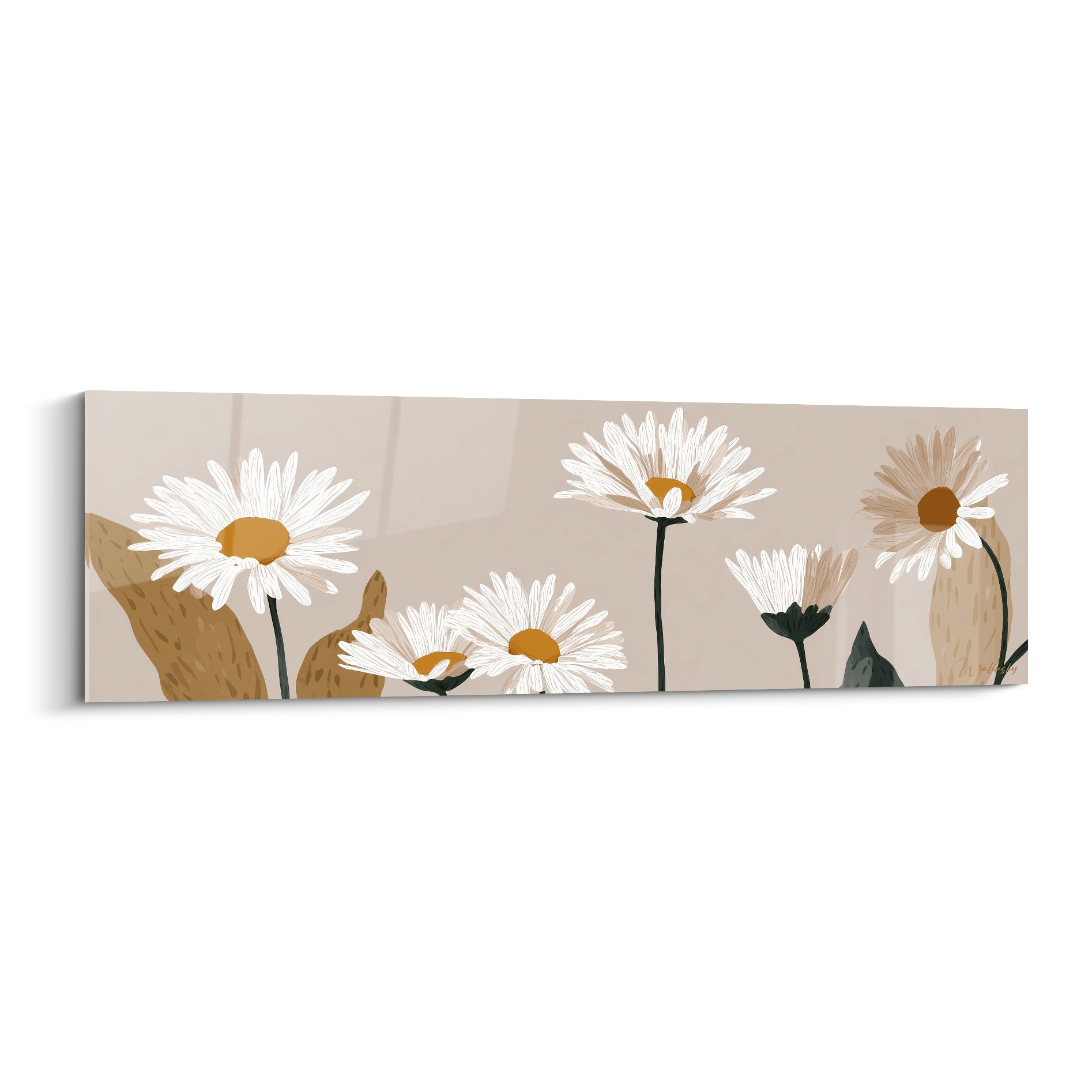 Marguerites blanches aux cœurs ocre dressées sur fond beige taupe, style illustration graphique épurée
