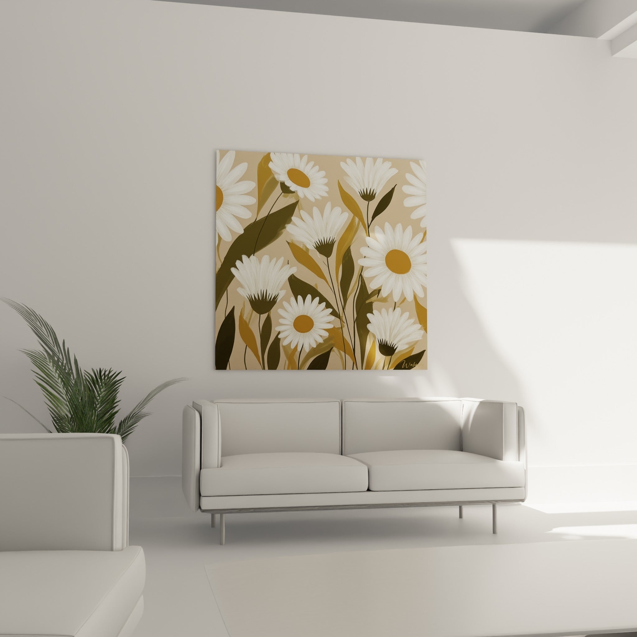 Fleurs blanches à cœurs dorés entourées de feuillage olive au-dessus d'un canapé dans un salon lumineux