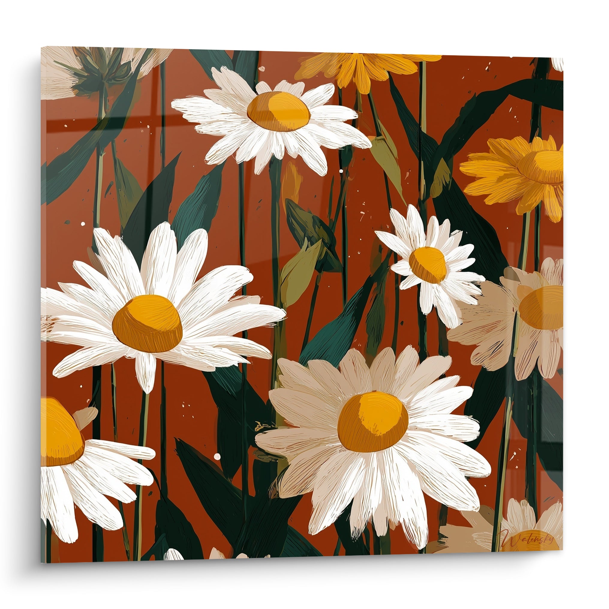 Marguerites blanches aux cœurs dorés sur fond terracotta profond, style illustratif détaillé