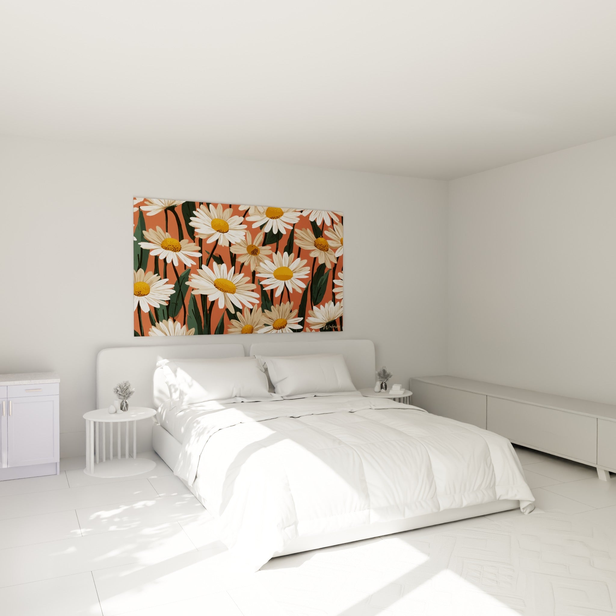 Marguerites blanches et dorées peintes sur fond terracotta, au-dessus d'un lit dans une chambre claire