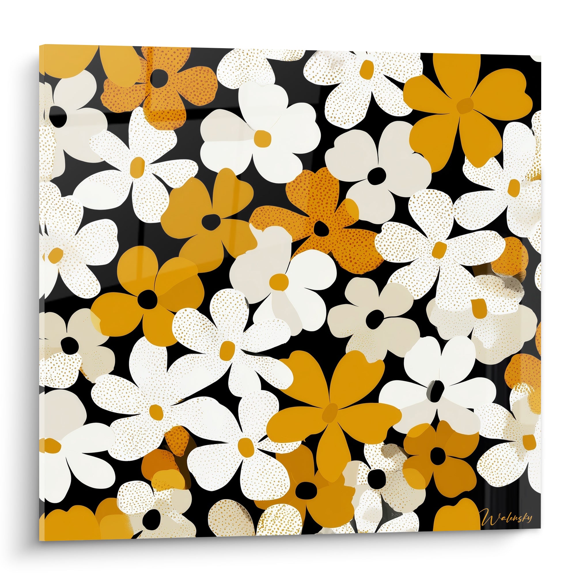 Marguerites blanches et ocre en aplat sur fond noir, style illustré rétro dense