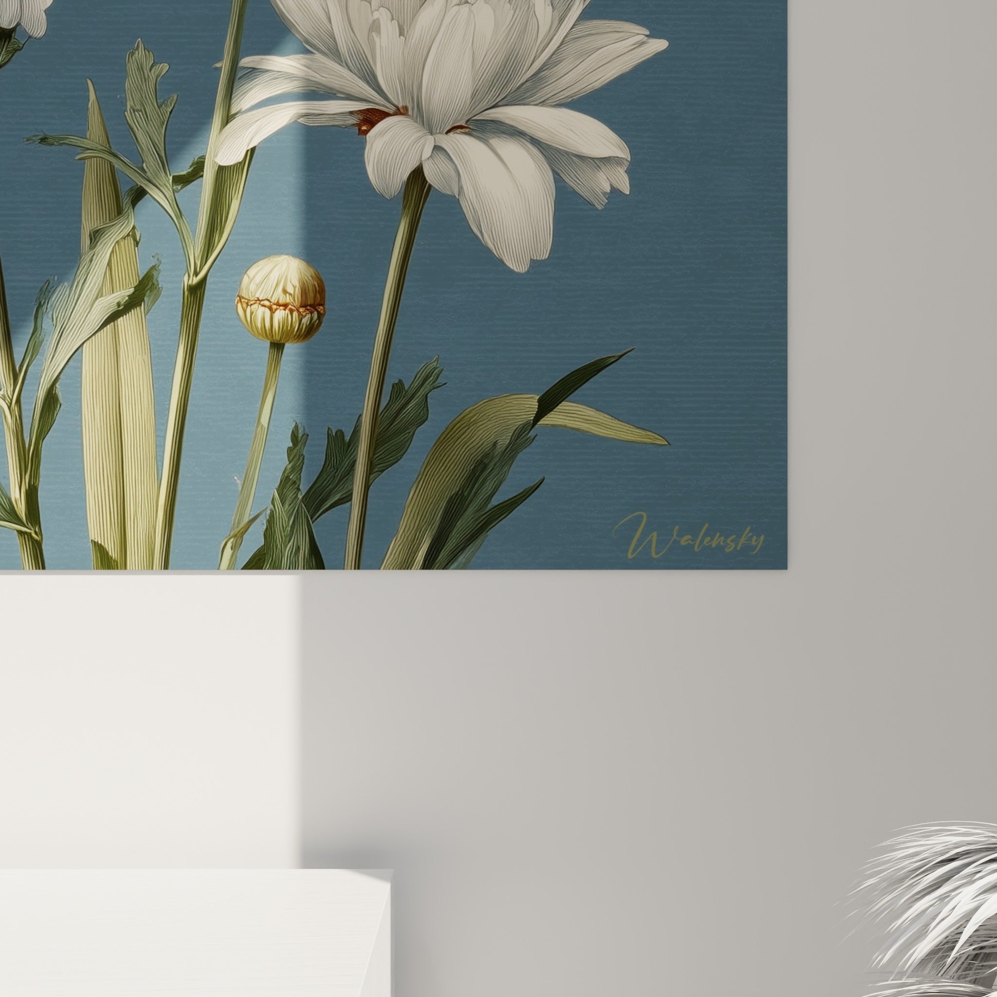 Nervures fines des pétales blancs et grain doré du cœur des marguerites visibles de près sur la toile