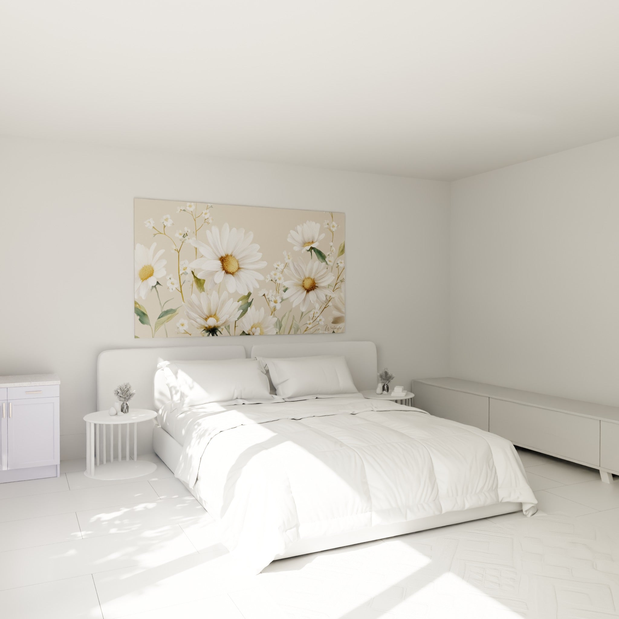 Grandes marguerites blanches et branches de gypsophile au-dessus d'un lit dans une chambre claire
