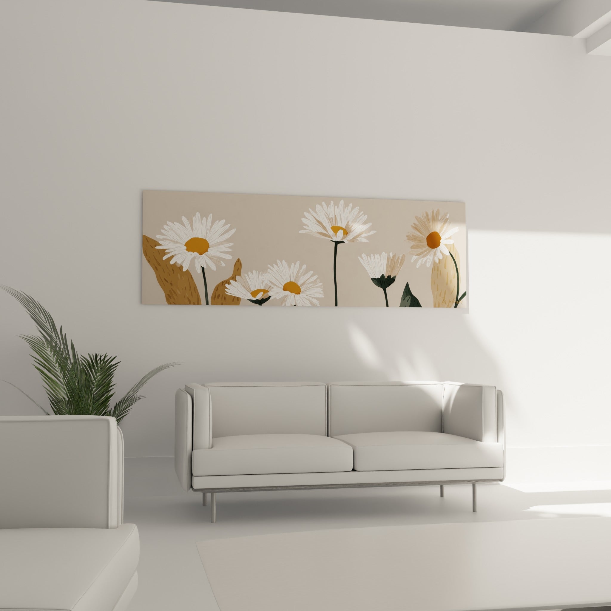 Fleurs de marguerite blanches à cœurs orangés sur fond taupe, accrochées au-dessus d'un canapé dans un salon lumineux