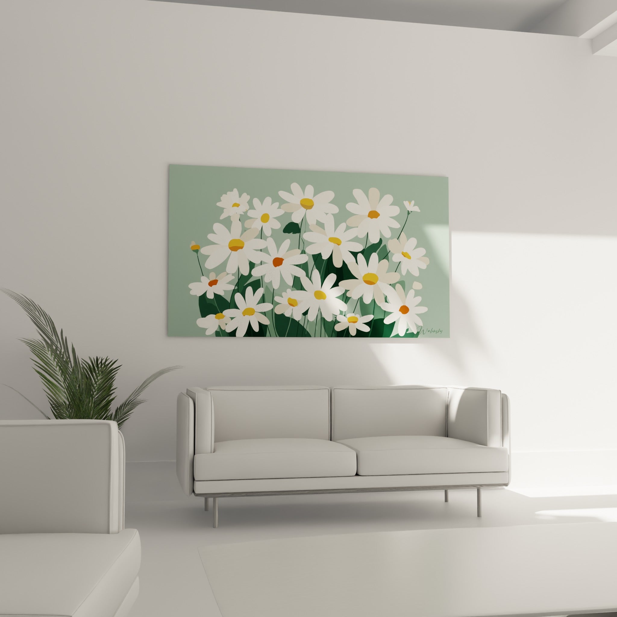 Fleurs blanches aux cœurs dorés sur fond vert sauge, disposées au-dessus d'un canapé dans un salon lumineux
