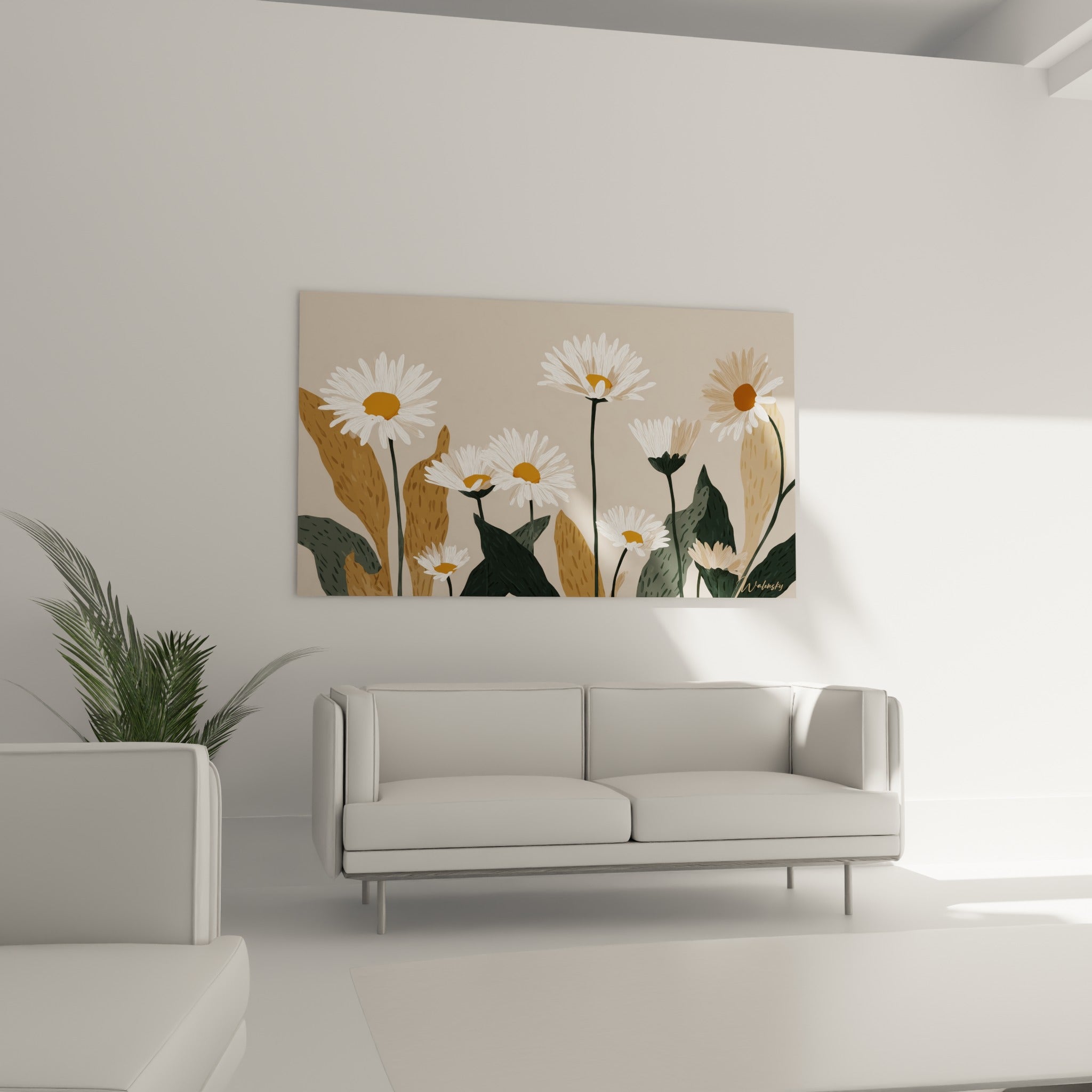 Bouquet de marguerites blanches et anthracite orne le mur au-dessus d'un canapé dans un salon lumineux