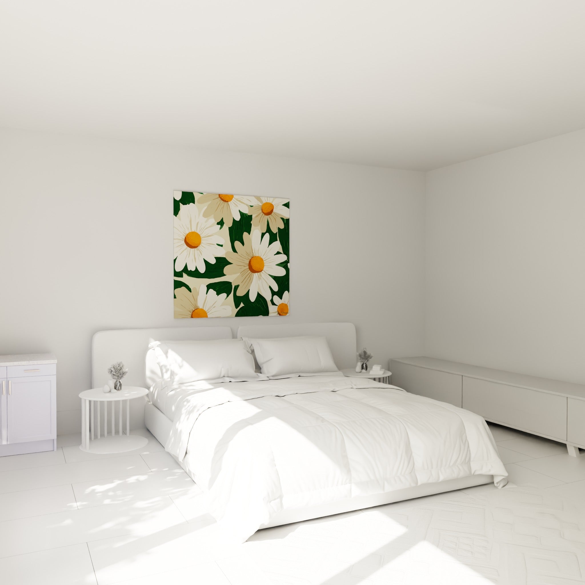 Marguerites ivoire et cœurs orange vif au-dessus d'un lit dans une chambre claire