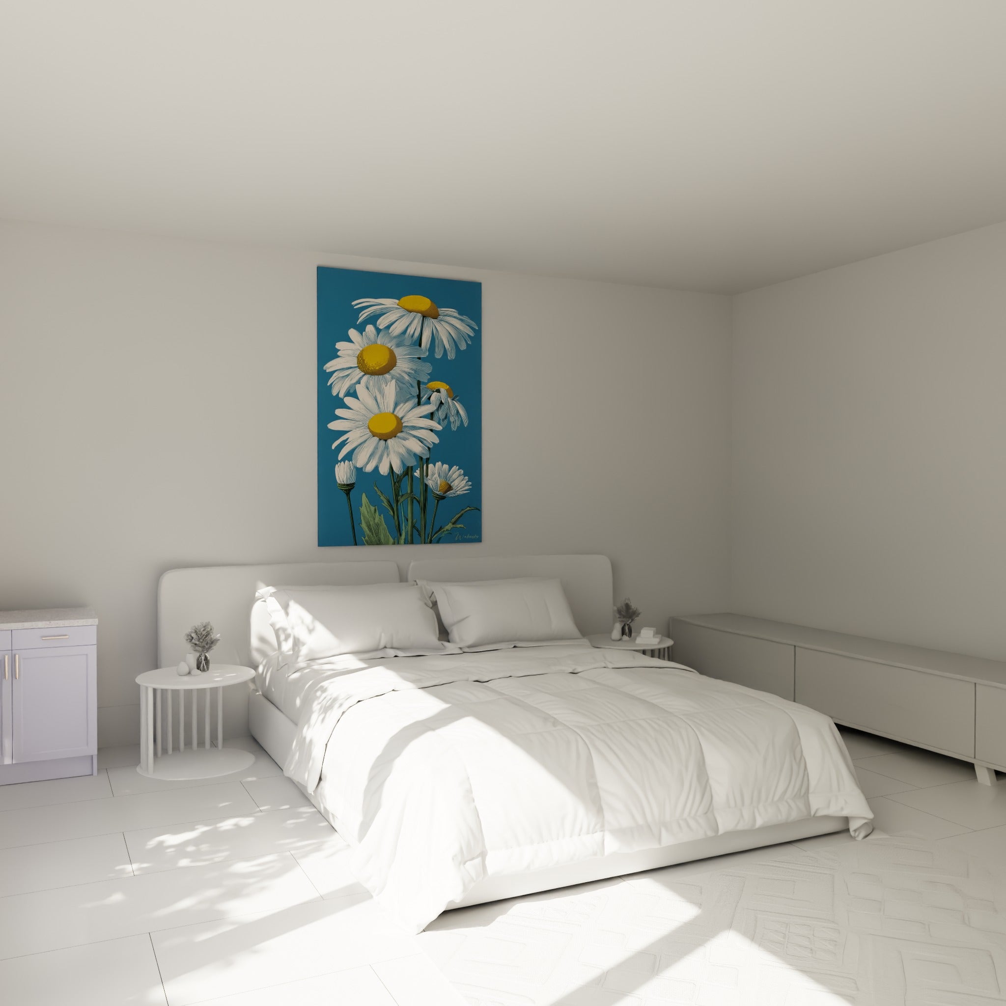 Bouquet de marguerites blanches et jaunes accroché au-dessus d'un lit dans une chambre claire