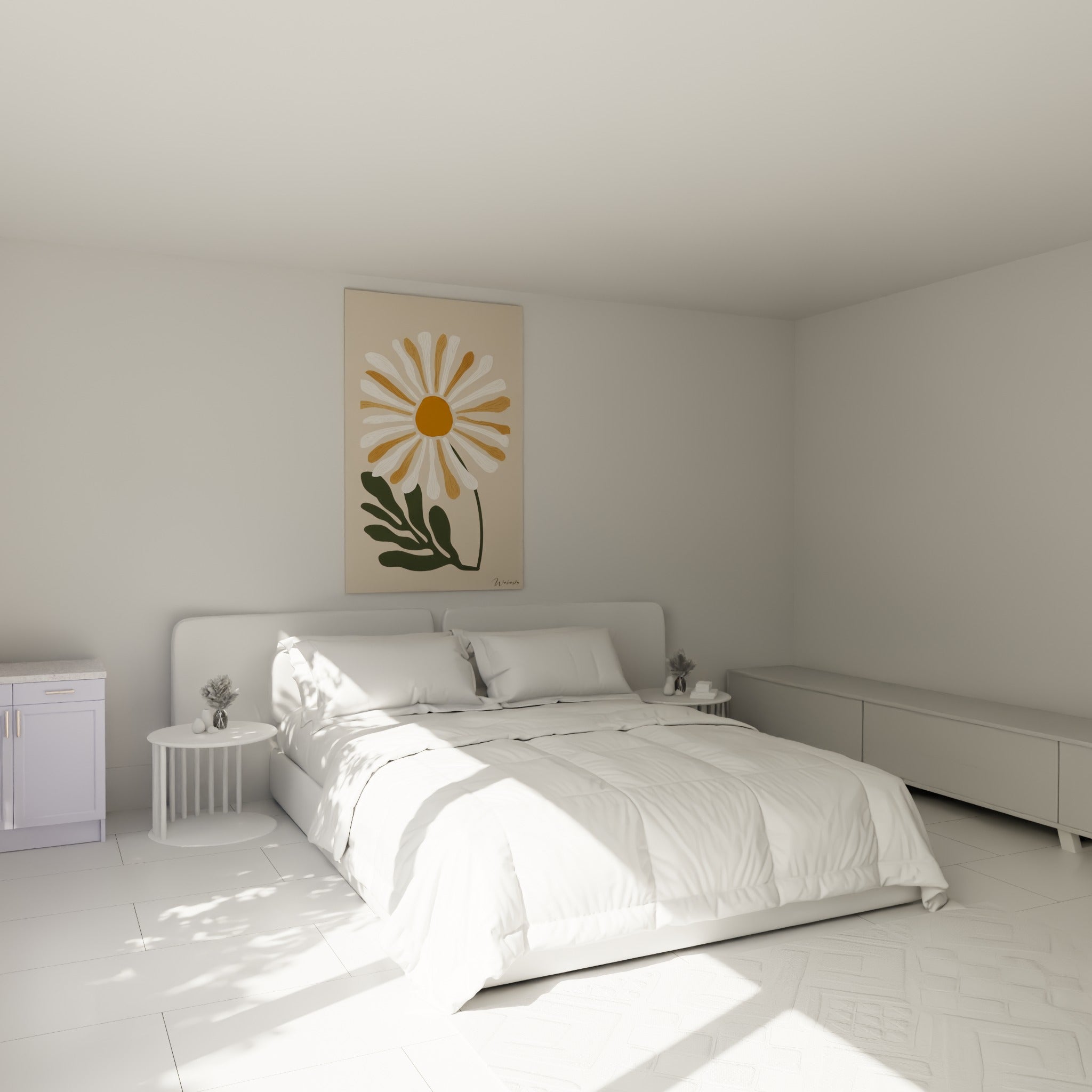 Fleur graphique ocre et blanche aux feuilles vert foncé au-dessus d'un lit dans une chambre claire