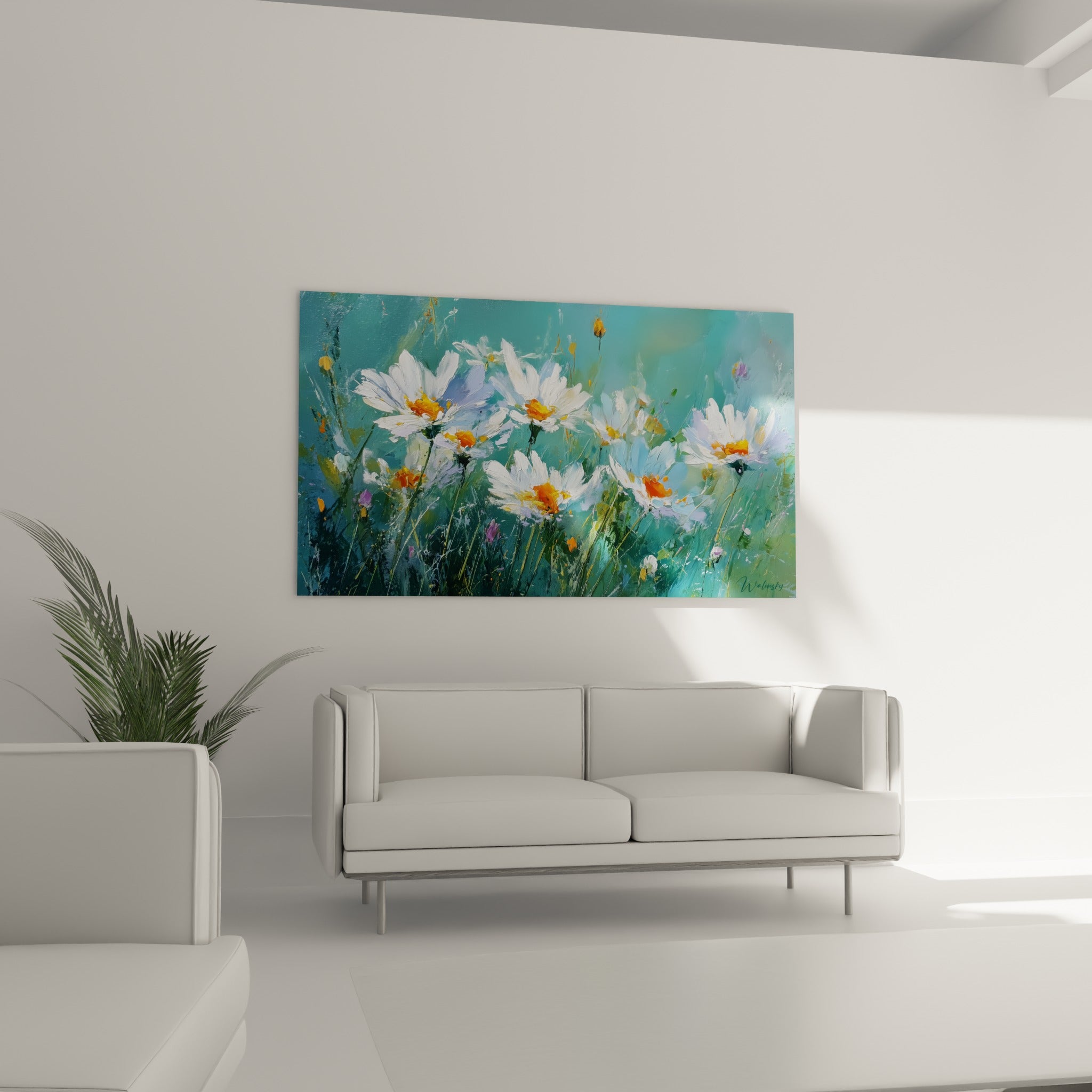 Fleurs de marguerite lavande et blanc éclatant sur fond bleu-vert, au-dessus d'un canapé dans un salon lumineux