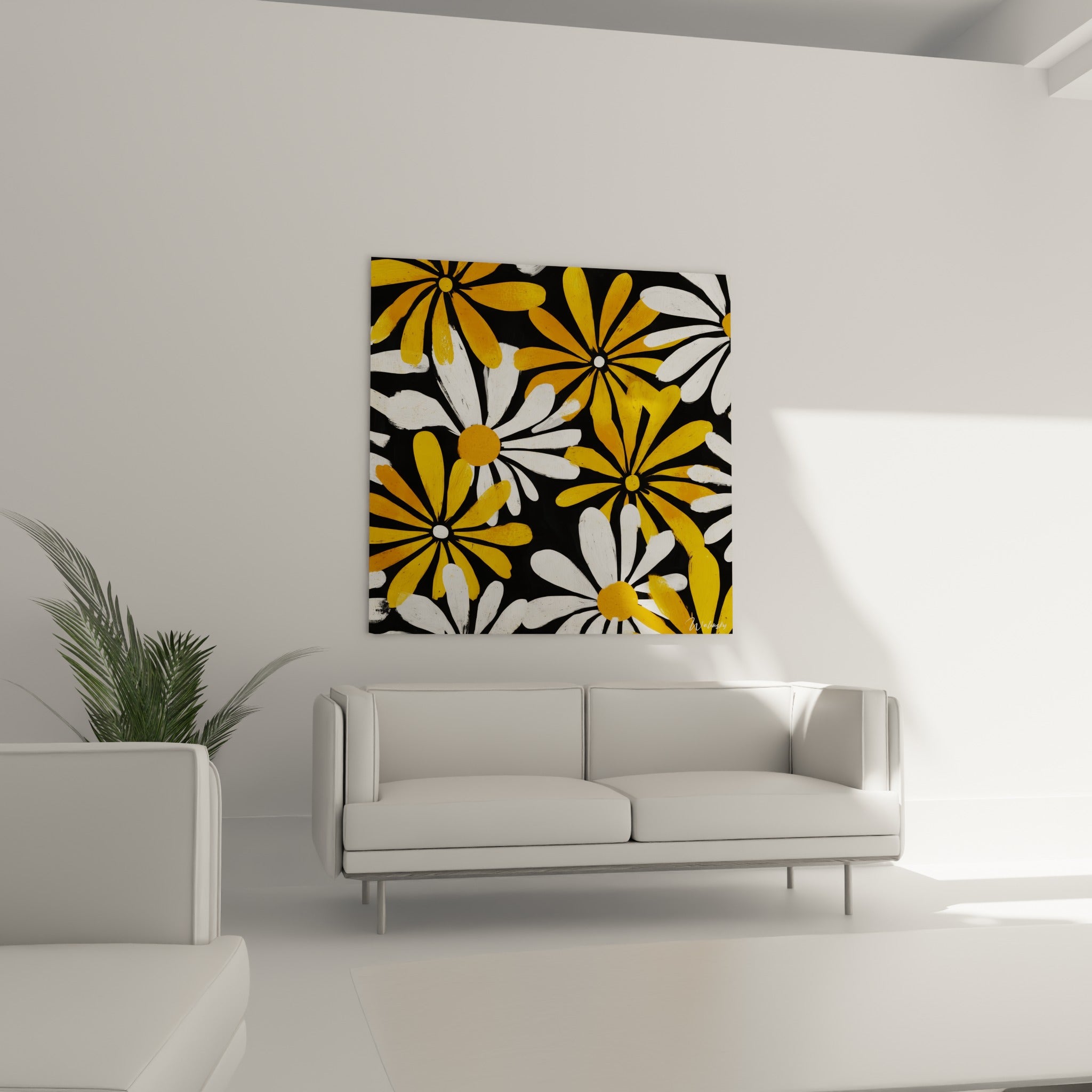 Bouquet de marguerites jaunes et blanches disposé au-dessus d'un canapé dans un salon lumineux