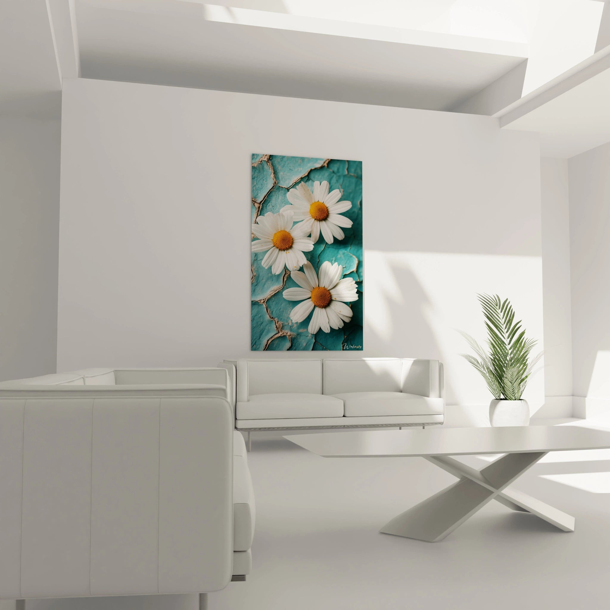 Un tableau marguerite nature illustrant trois marguerites dĂ©taillĂ©es sur une surface bleu turquoise fissurĂ©e, avec un effet de contraste entre la douceur des pĂ©tales et lâaspect rugueux du fond texturĂ©.