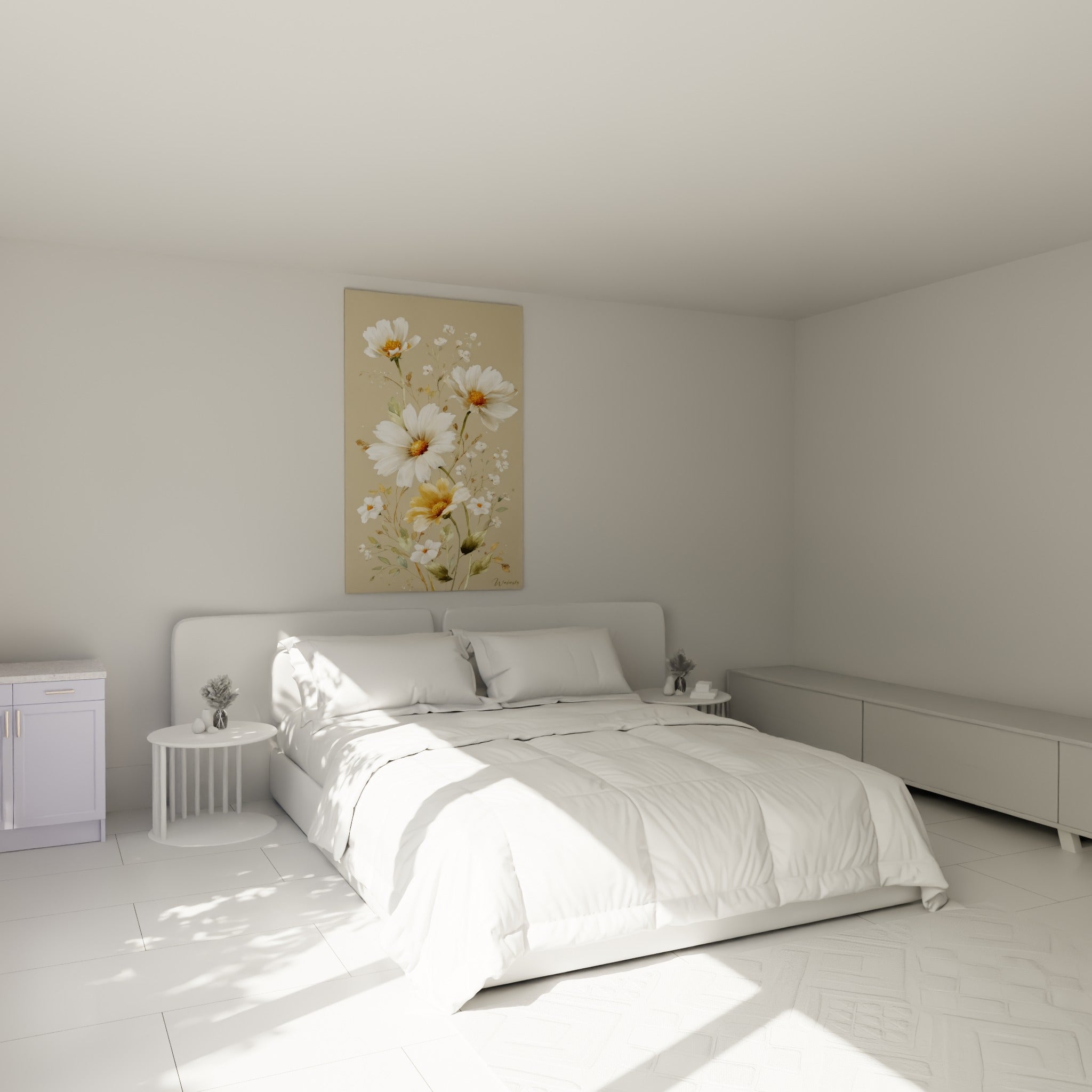 Bouquet de marguerites blanches et ocre au-dessus d'un lit dans une chambre claire