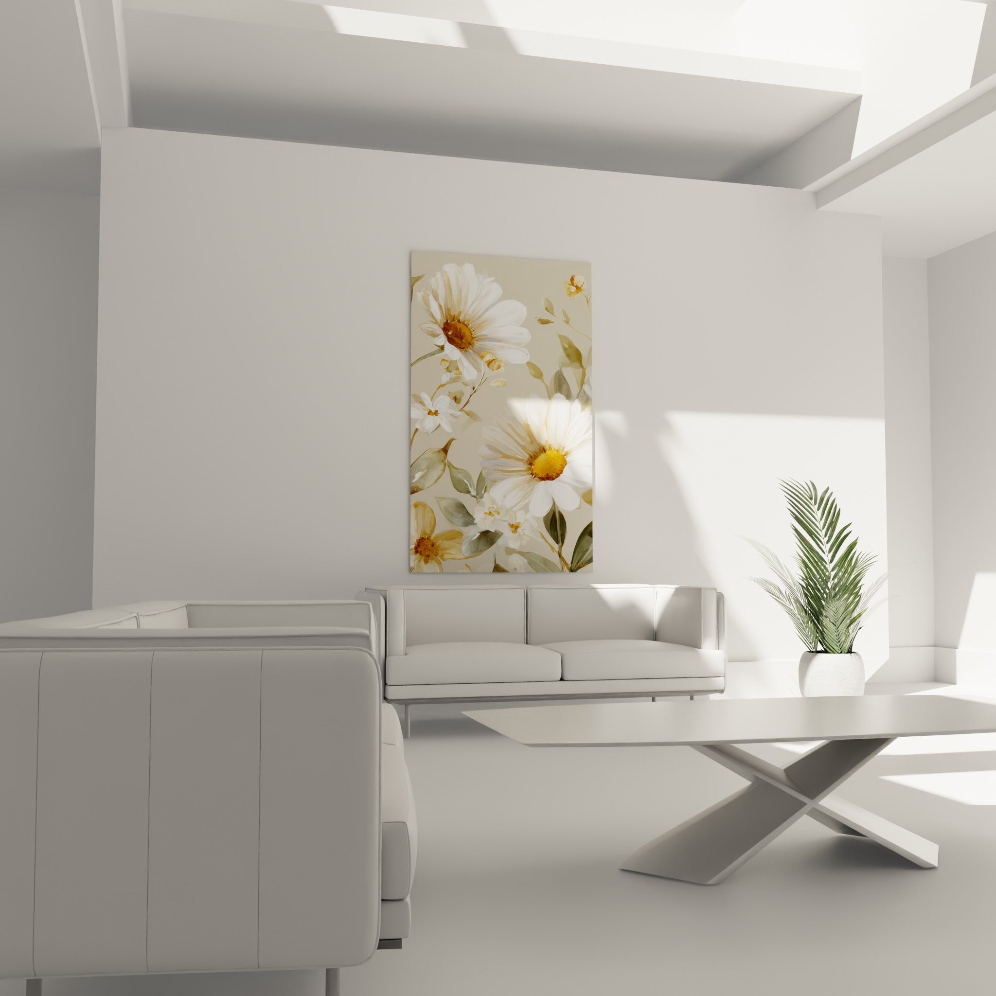 Fleurs de marguerite blanches et dorées disposées au-dessus d'un canapé dans un salon lumineux