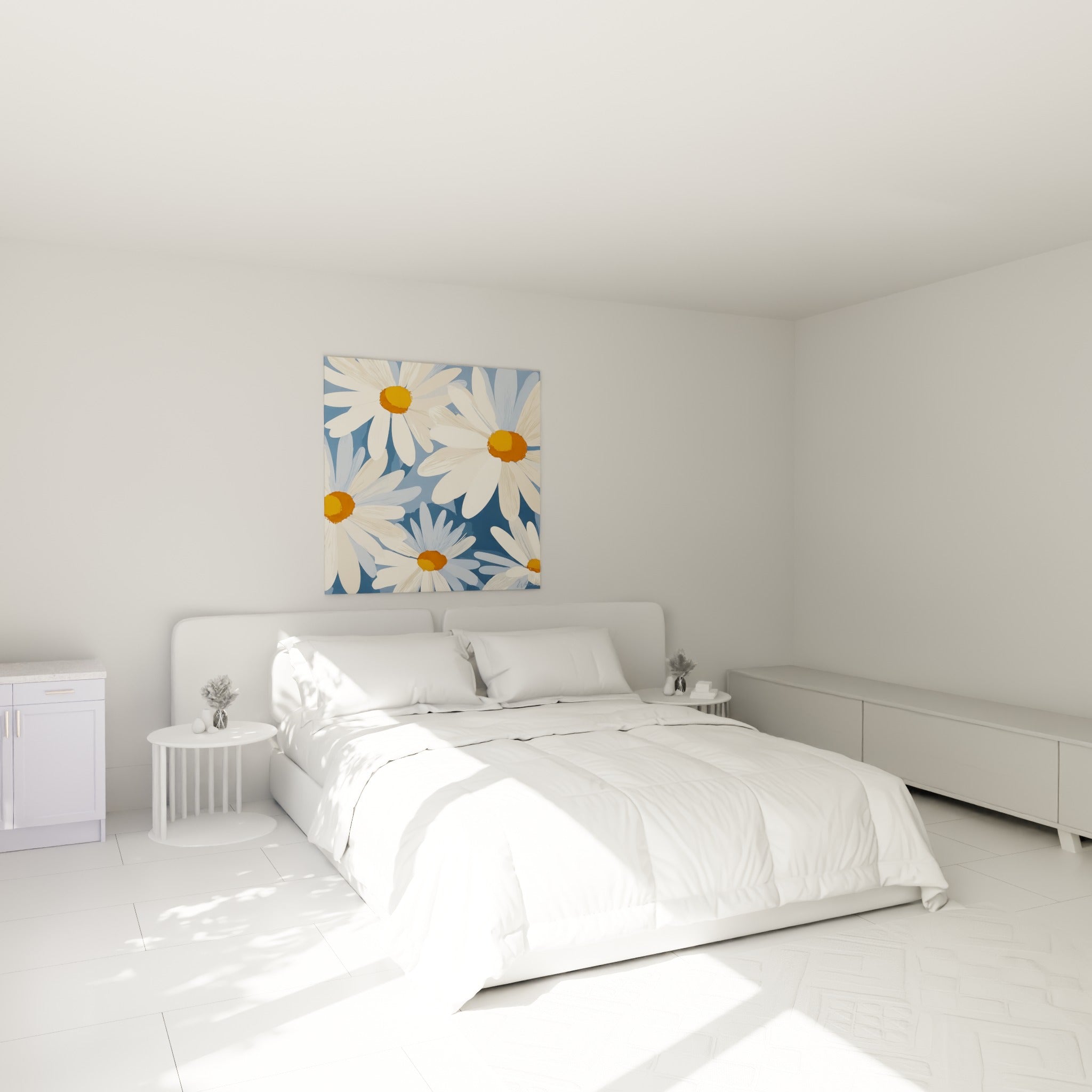 Fleurs de marguerite blanches et bleu marine illustrées au-dessus d'un lit dans une chambre claire