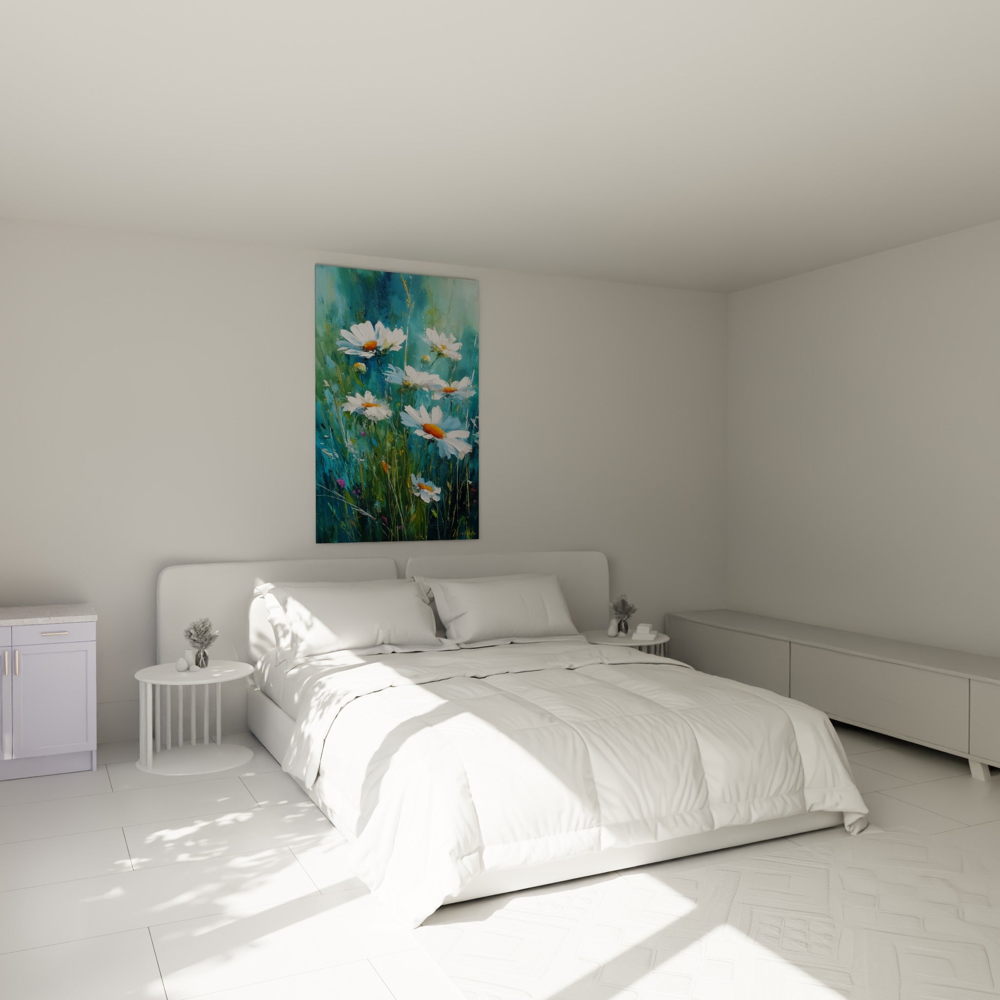 Bouquet de marguerites blanches et orangées accroché au-dessus d'un lit dans une chambre claire