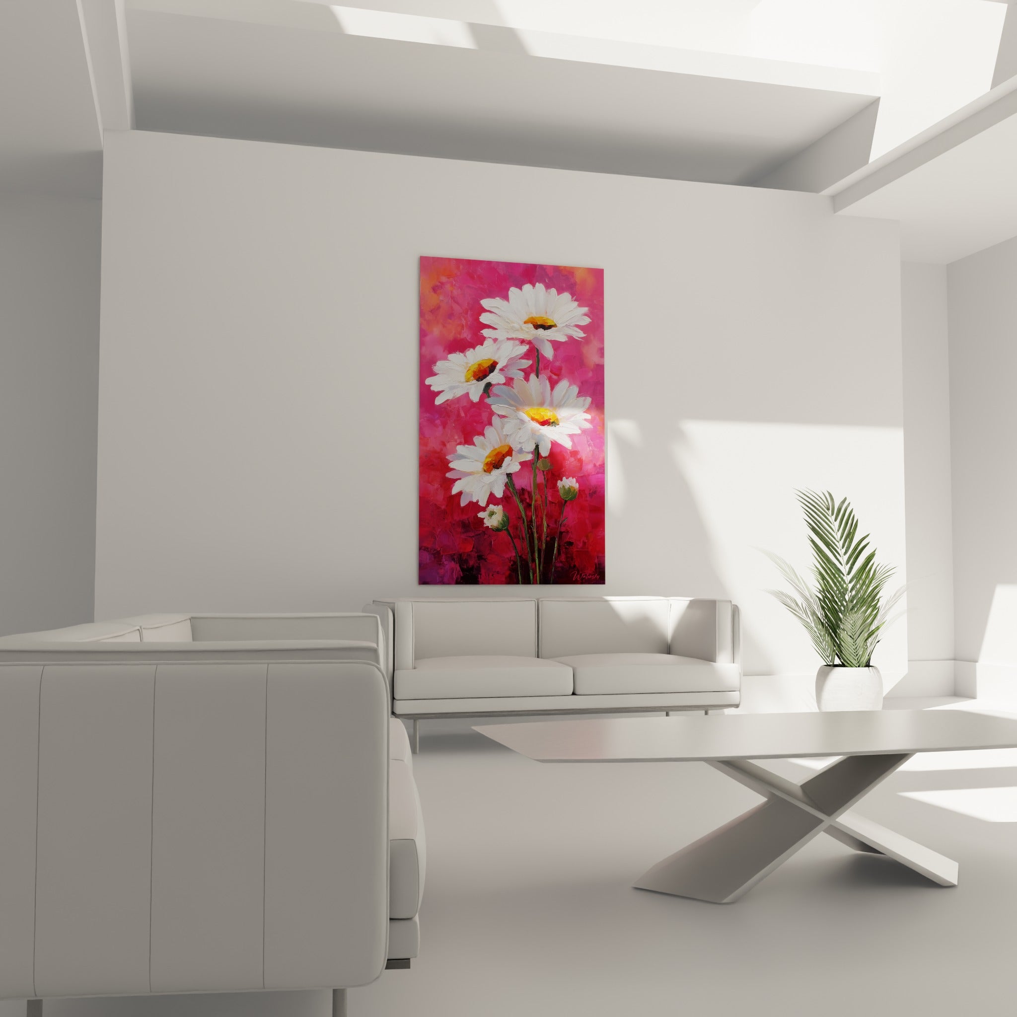 Marguerites blanches et cœurs orangés accrochées au-dessus d'un canapé dans un salon lumineux