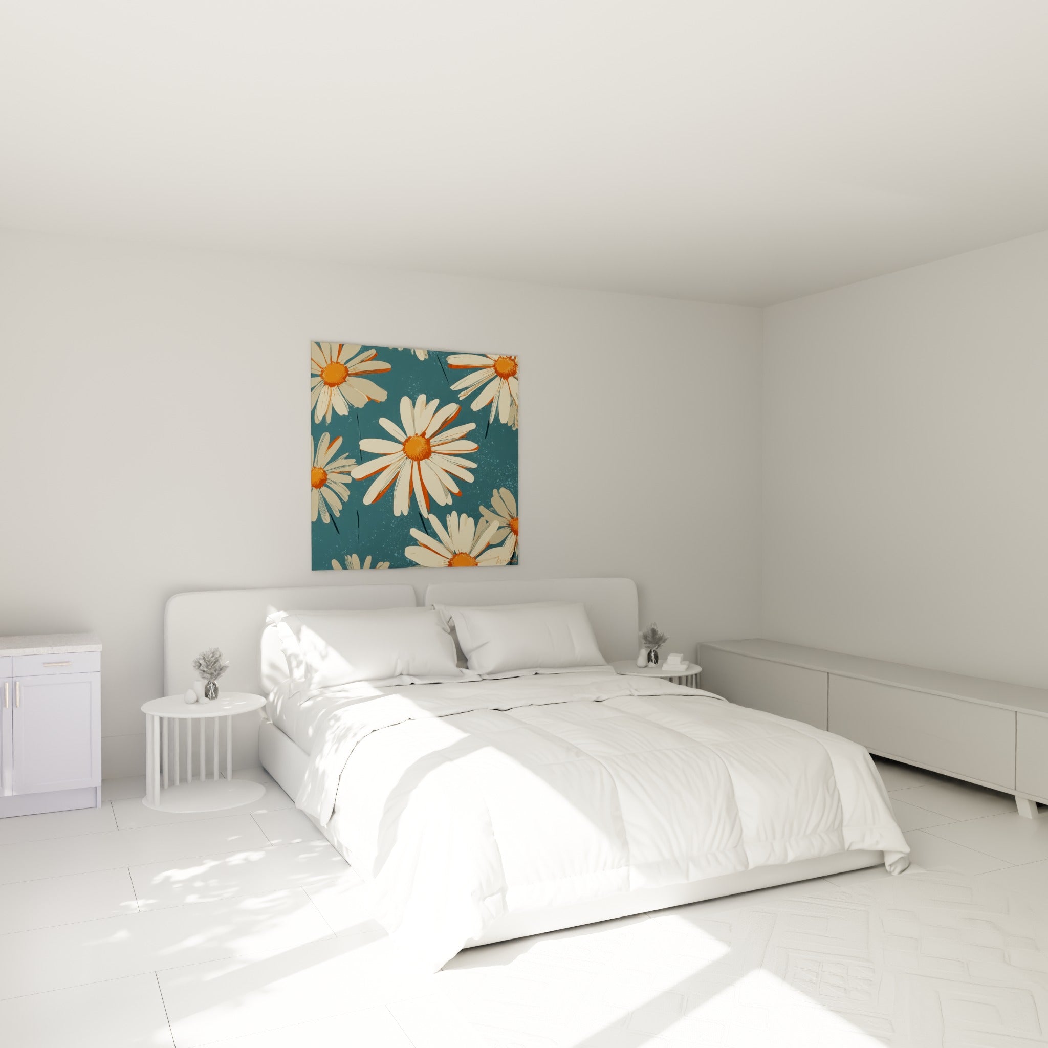 Bouquet de marguerites ivoire et orange accroché au-dessus d'un lit dans une chambre claire