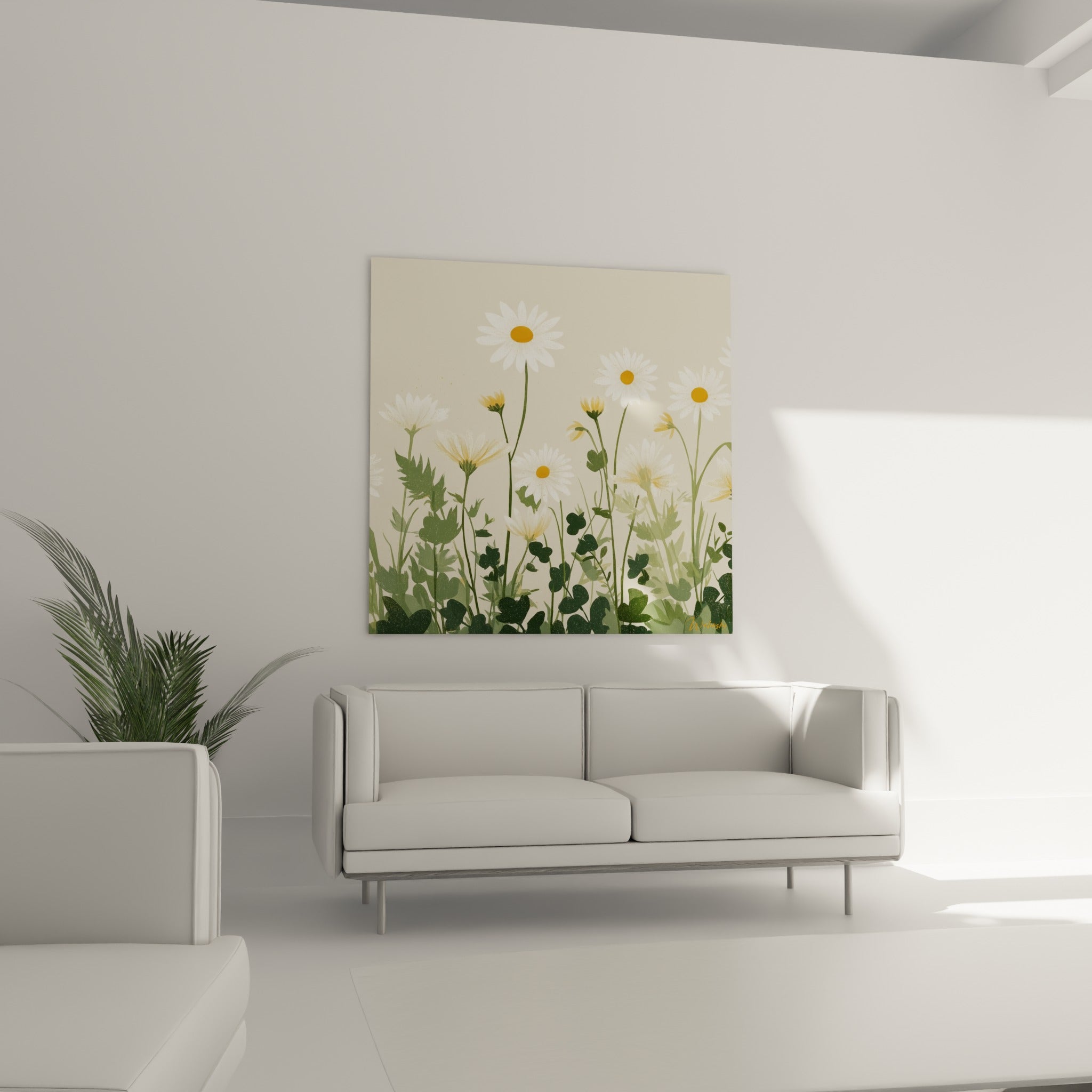 Bouquet de marguerites blanches et feuillage vert accroché au-dessus d'un canapé dans un salon lumineux
