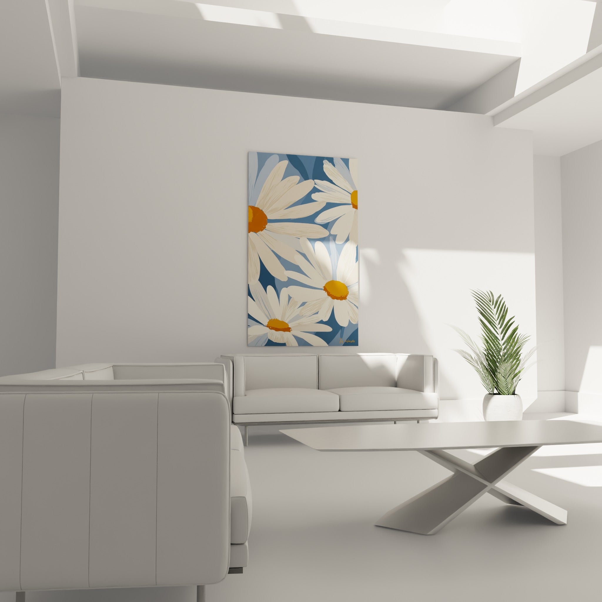 Pétales de marguerite blanc cassé et centres safran disposés au-dessus d'un canapé dans un salon lumineux