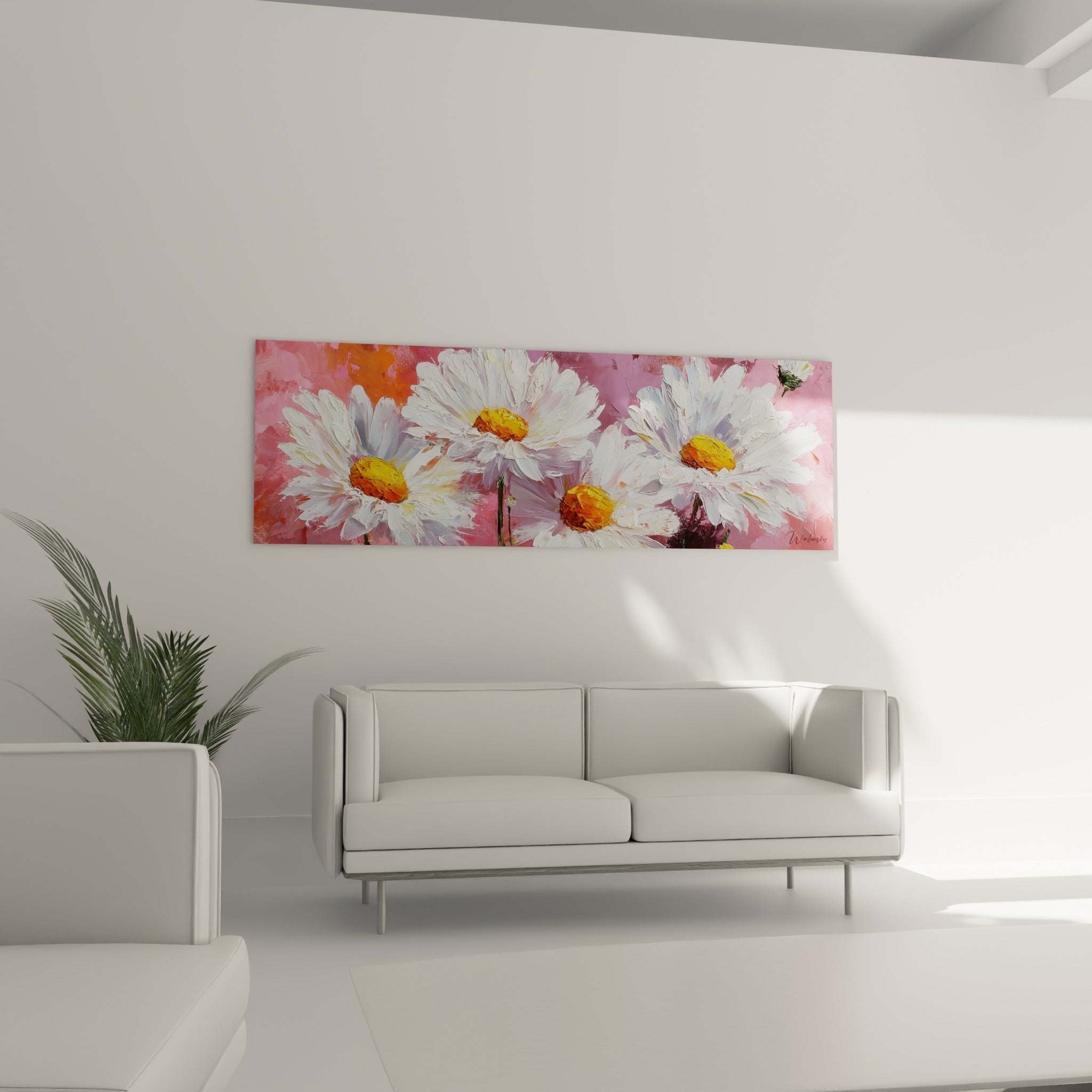 Fleurs de marguerite blanches sur fond rose au-dessus d'un canapé dans un salon lumineux