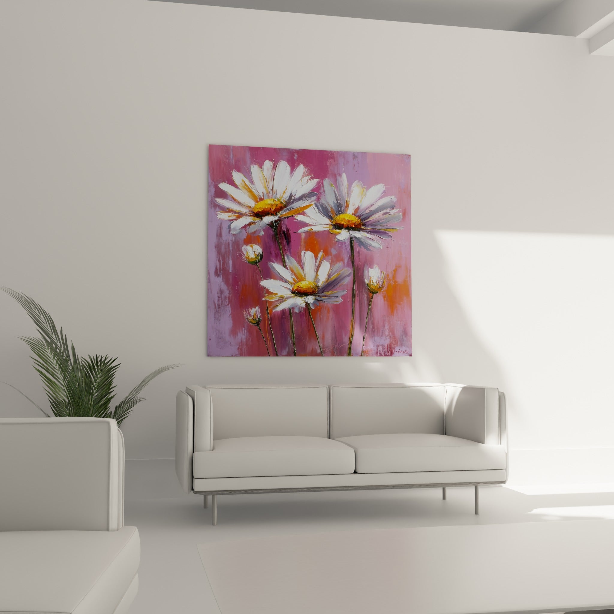 Fleurs de marguerite aux nuances blanches et orangées sur fond fuchsia, au-dessus d'un canapé dans un salon lumineux