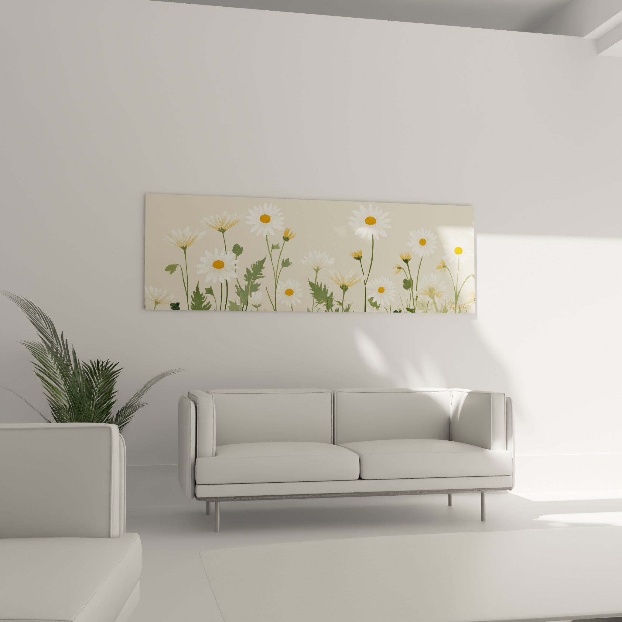 Champ de marguerites blanches et orangées peintes, accroché au-dessus d'un canapé dans un salon lumineux