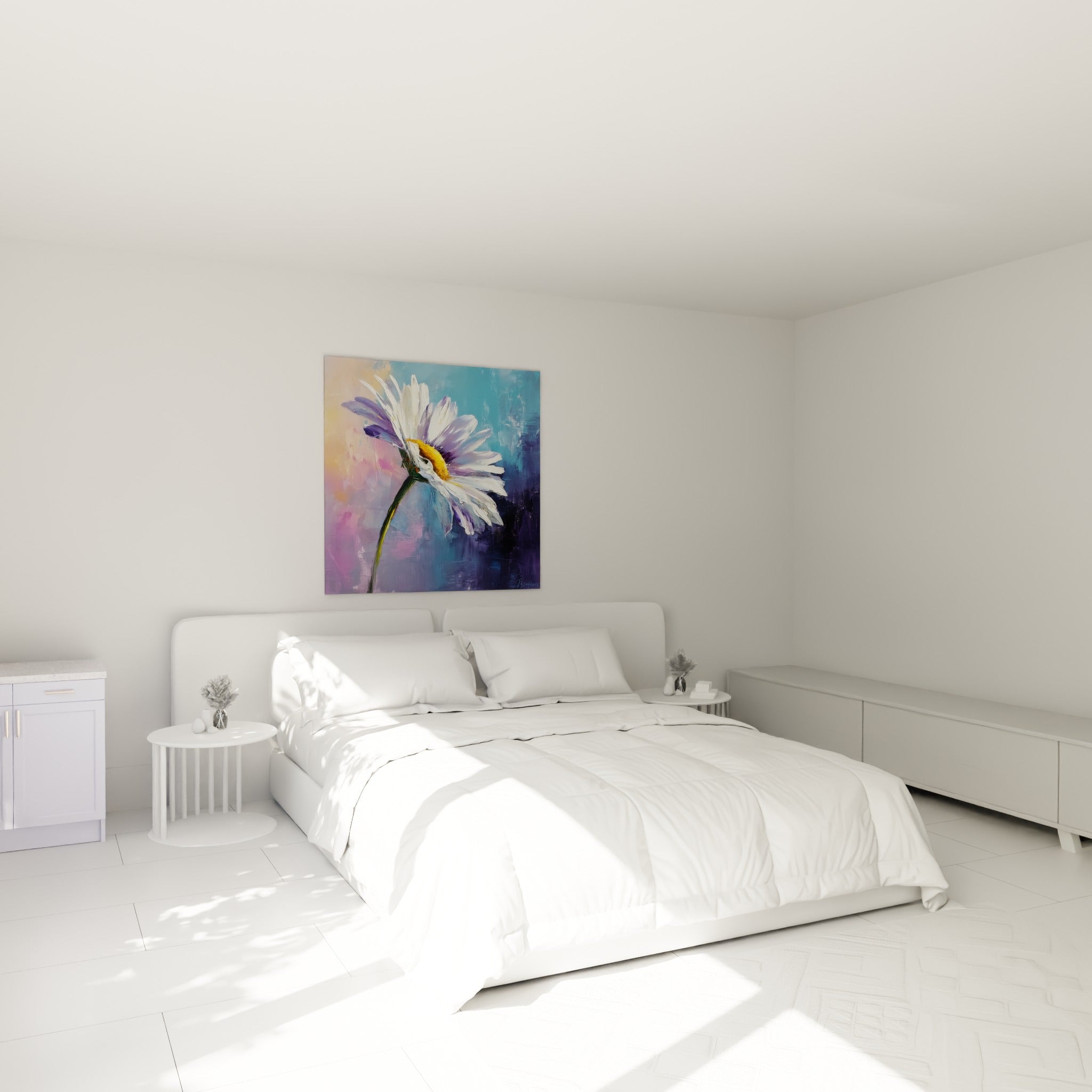Fleur de marguerite blanche et rose pastel au-dessus d'un lit dans une chambre claire