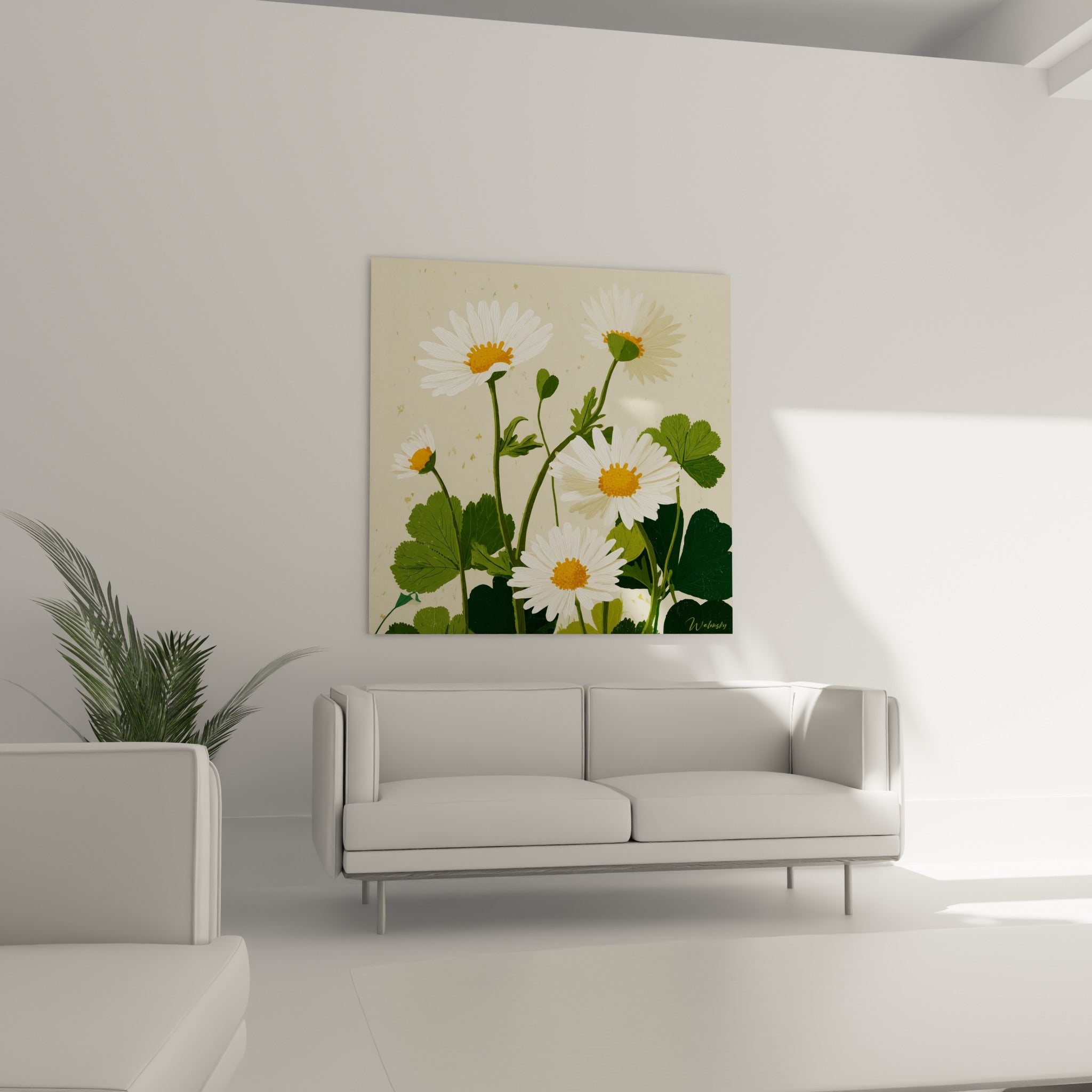 Fleurs de marguerite blanches aux pétales rayés au-dessus d'un canapé dans un salon lumineux