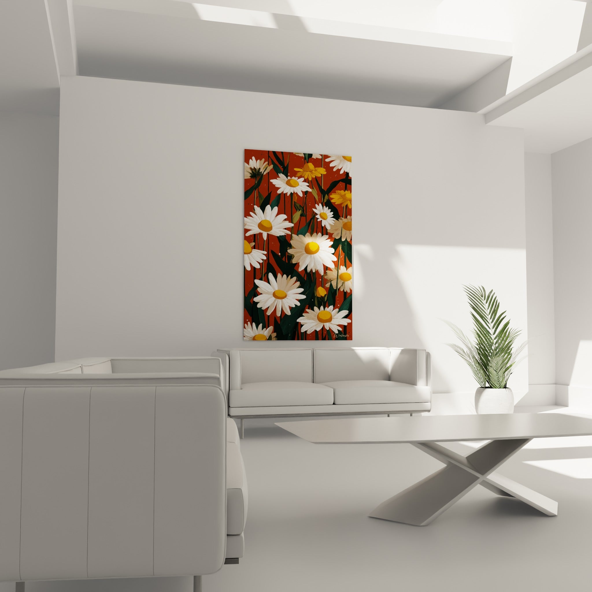 Fleurs de marguerite terracotta et ocre au-dessus d'un canapé dans un salon lumineux
