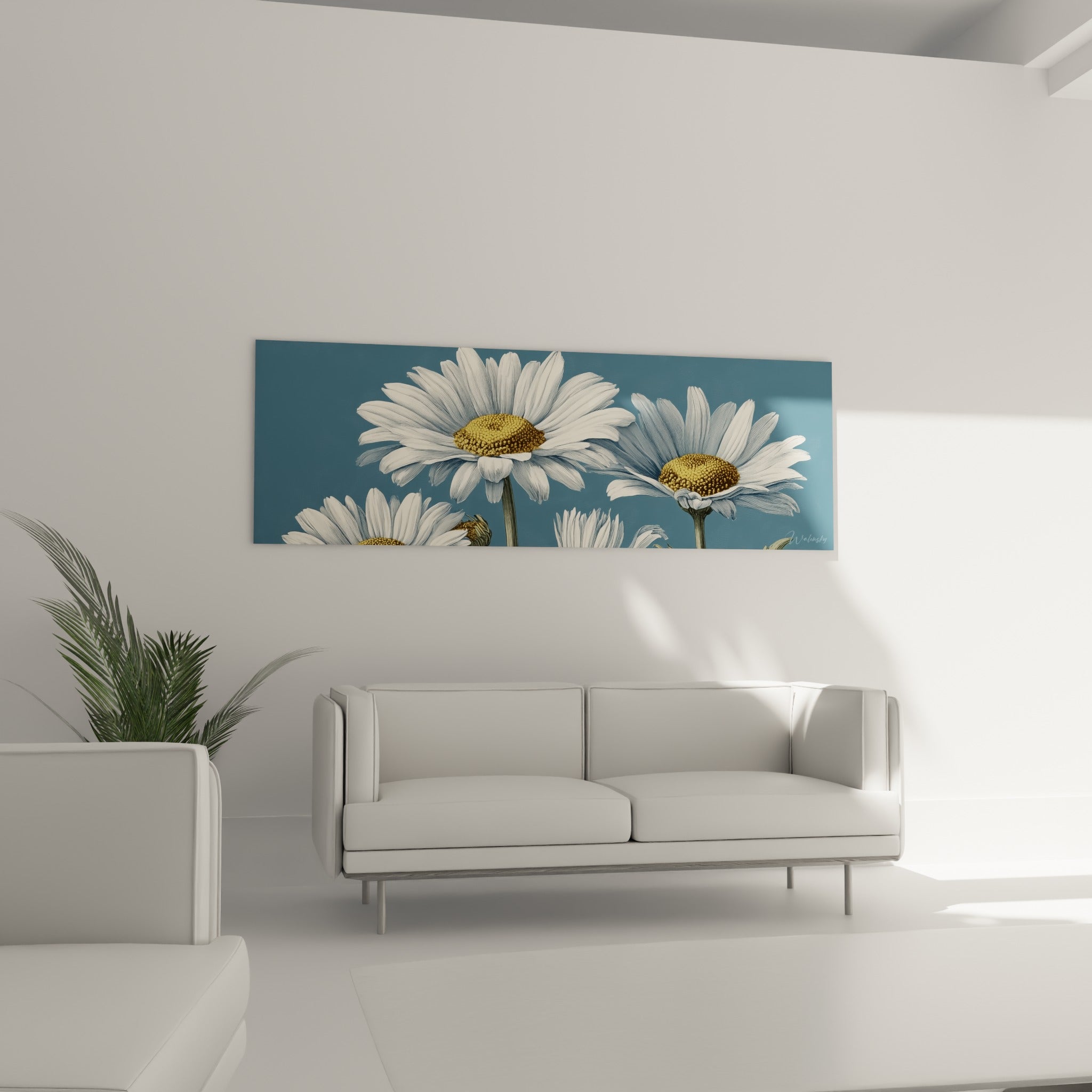 Pétales blancs et cœurs jaune doré des marguerites dominent un canapé dans un salon lumineux
