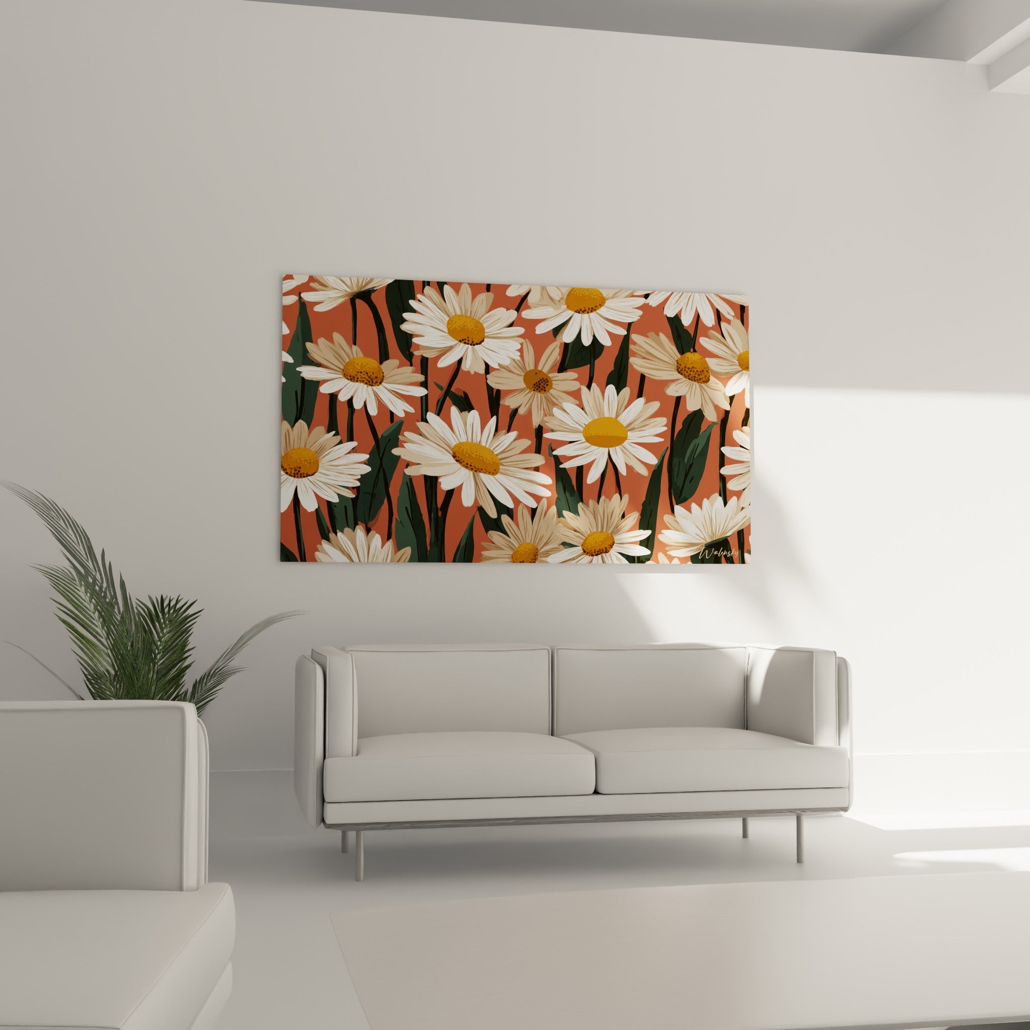 Bouquet de marguerites blanches sur fond terracotta, au-dessus d'un canapé dans un salon lumineux