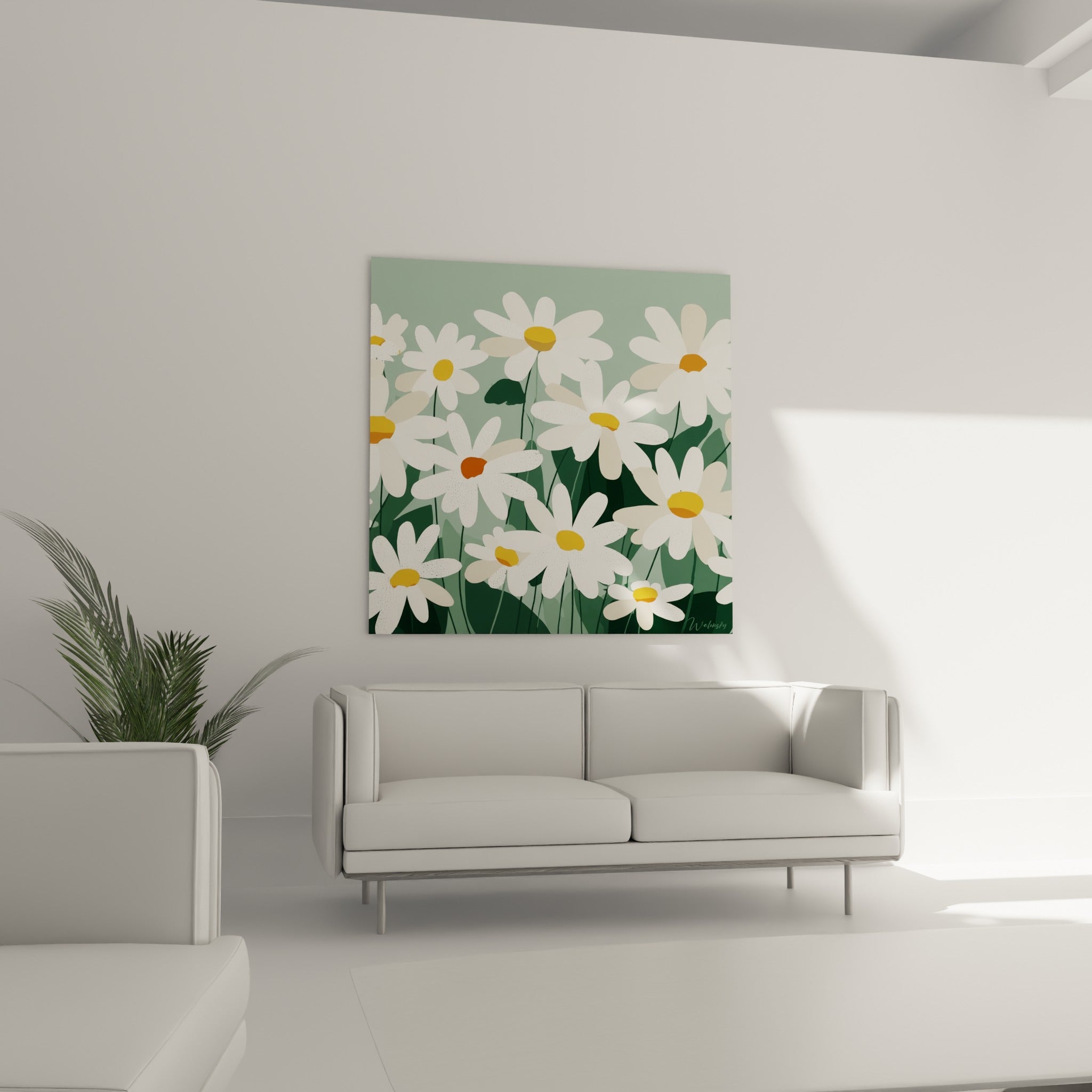 Fleurs de marguerite blanches et orangées au-dessus d'un canapé dans un salon lumineux