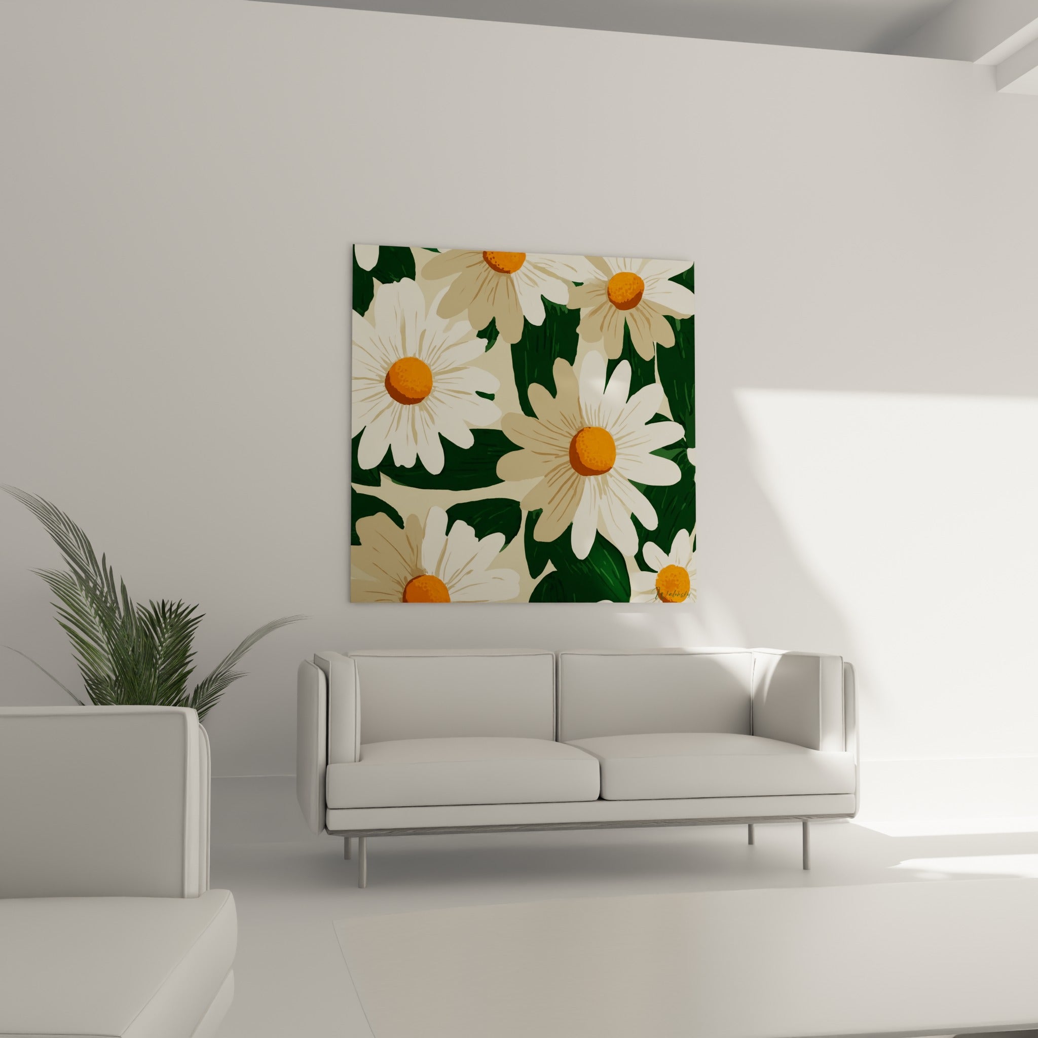 Fleurs blanches et vertes aux pétales stylisés au-dessus d'un canapé dans un salon lumineux