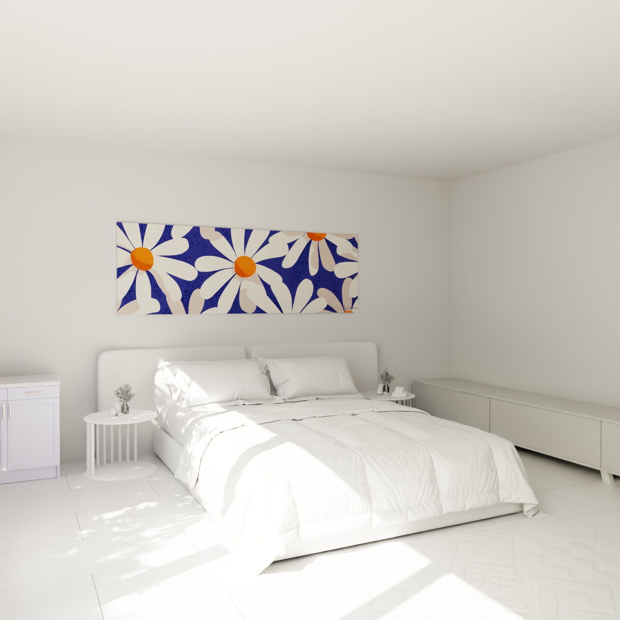 Pétales blancs et orangés de marguerite stylisée sur fond bleu marine, au-dessus d'un lit dans une chambre claire