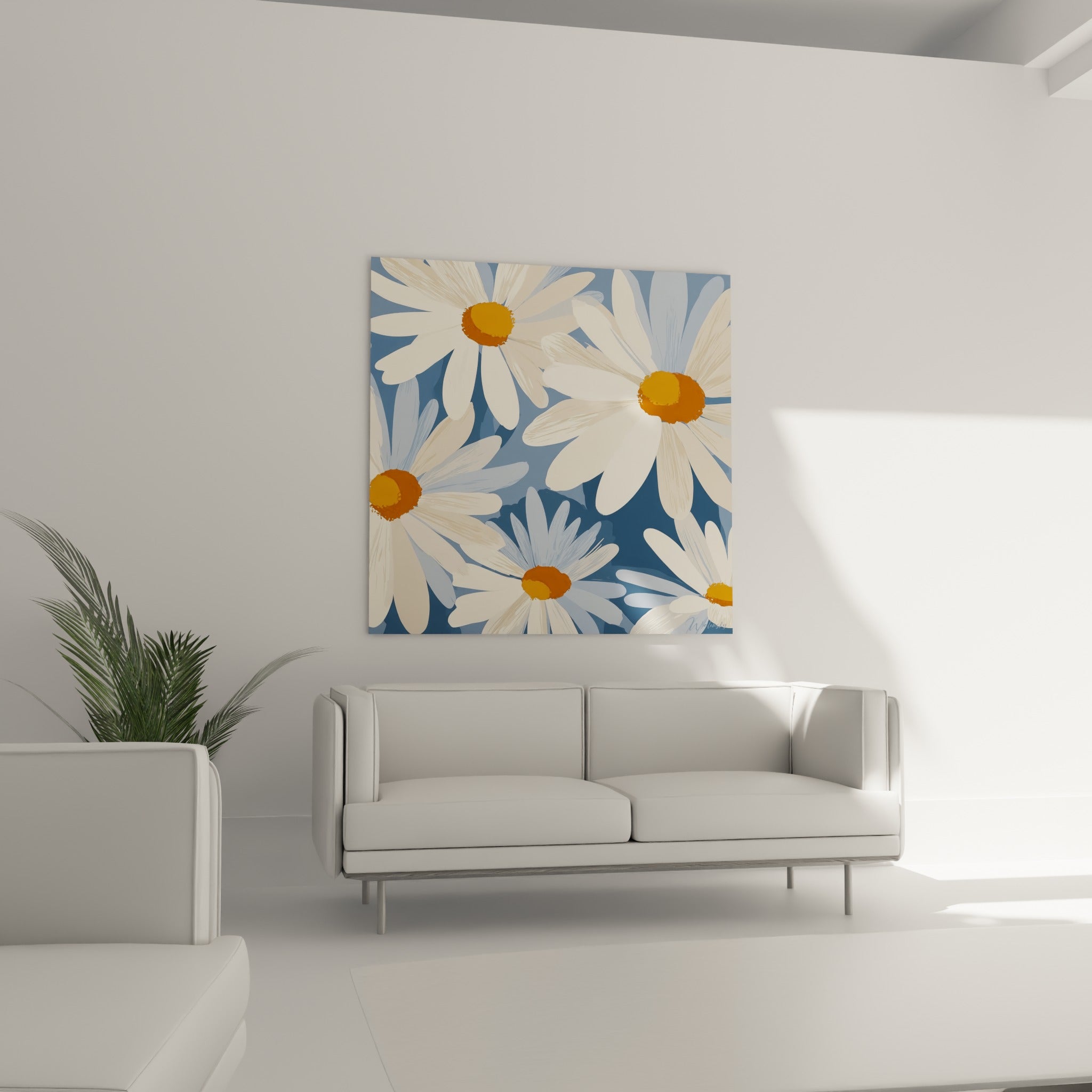 Pétales crème et cœurs orange vif de marguerites au-dessus d'un canapé dans un salon lumineux