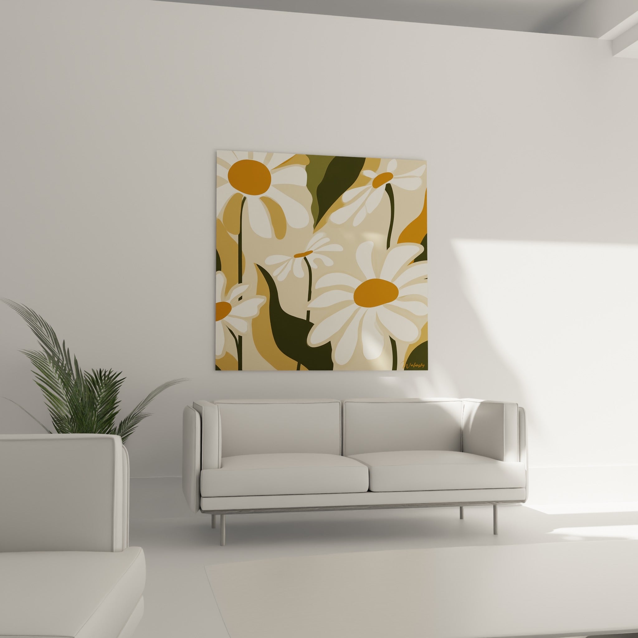 Pétales de marguerite blanc crème et cœurs orangés, tableau accroché au-dessus d'un canapé dans un salon lumineux