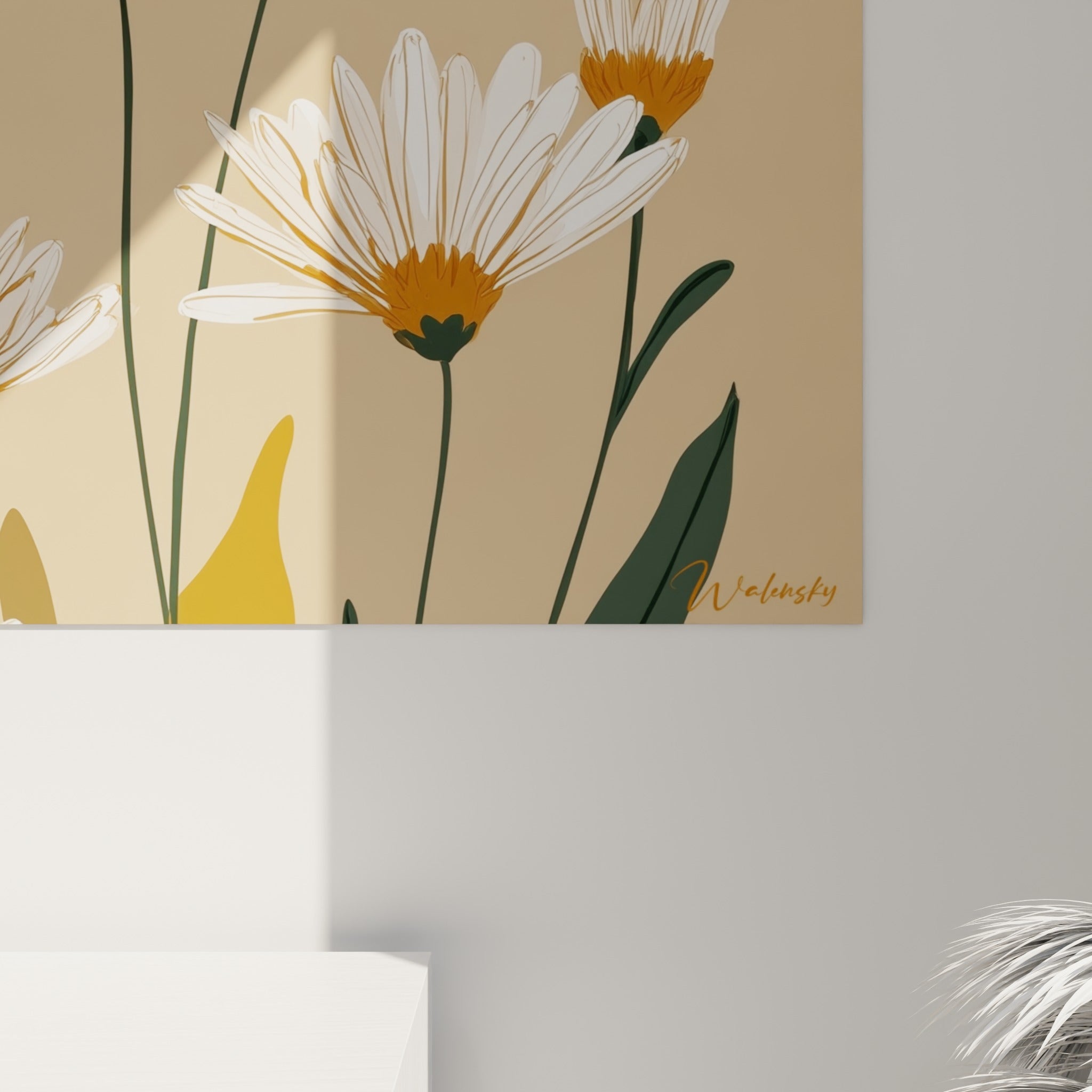 Pétales fins blancs et cœur orangé de la Marguerite révélant le grain délicat de l'impression