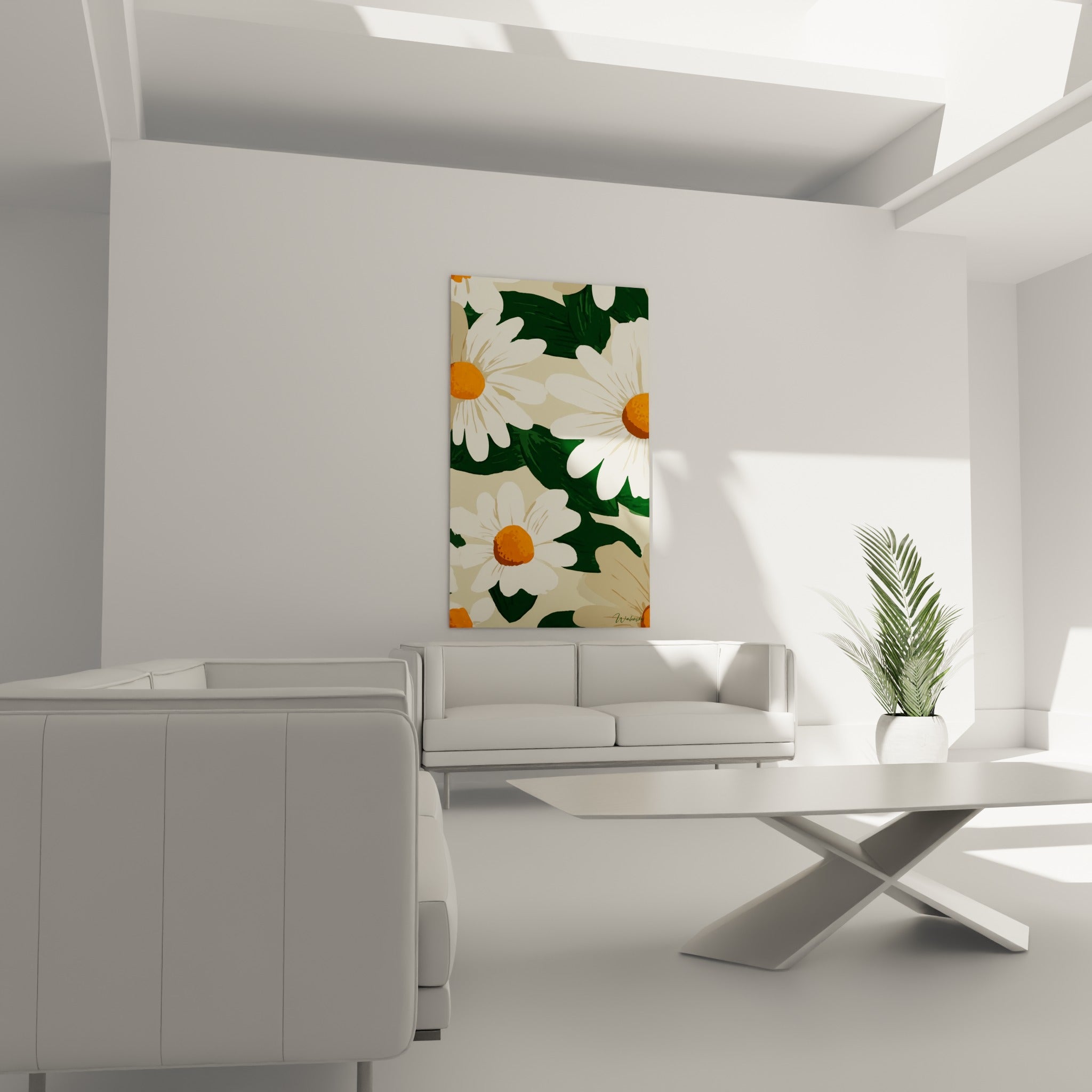 Pétales blanc crème et cœurs orangés des marguerites, disposés au-dessus d'un canapé dans un salon lumineux