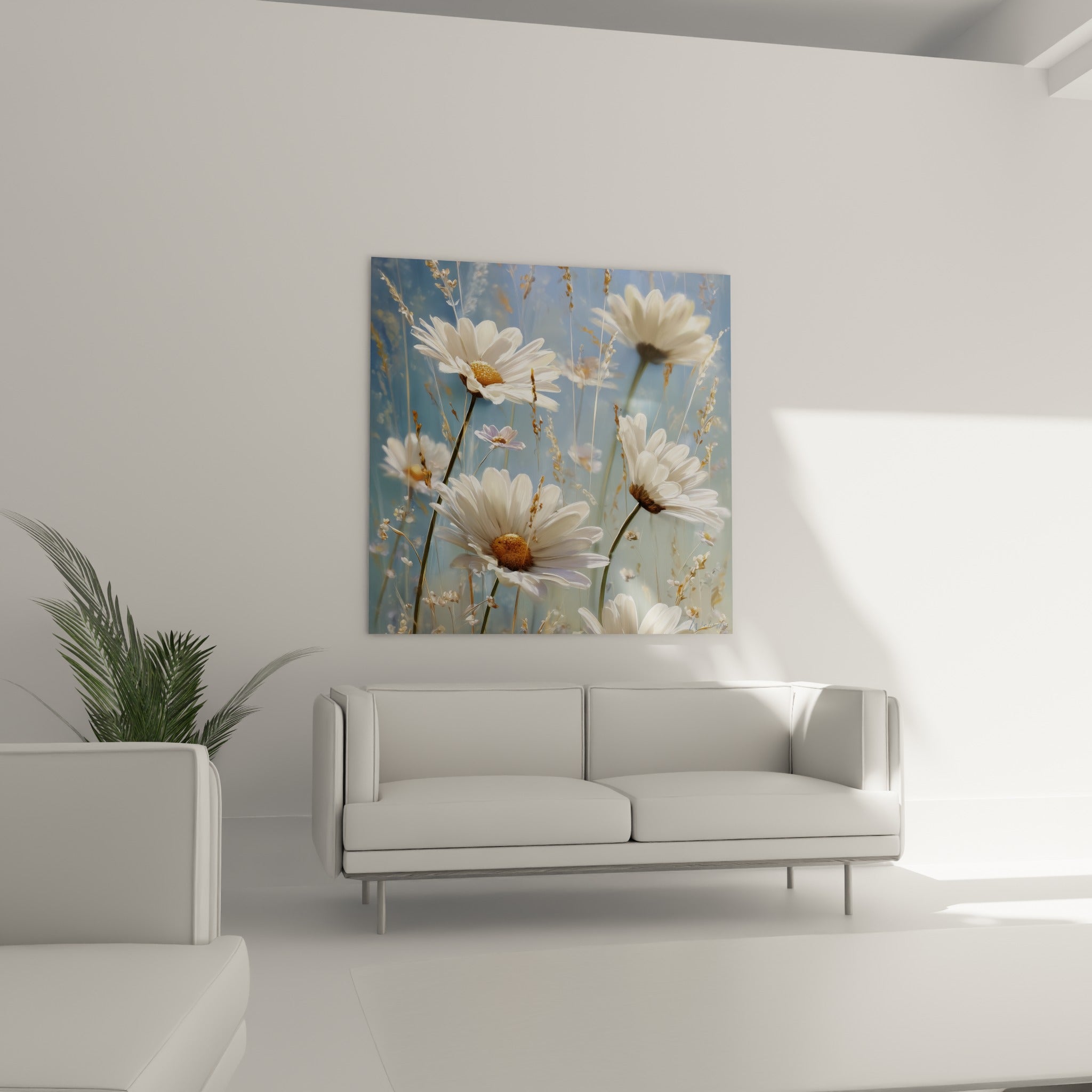 Pétales blancs nacrés et cœurs dorés des marguerites illuminent une œuvre au-dessus d'un canapé dans un salon lumineux
