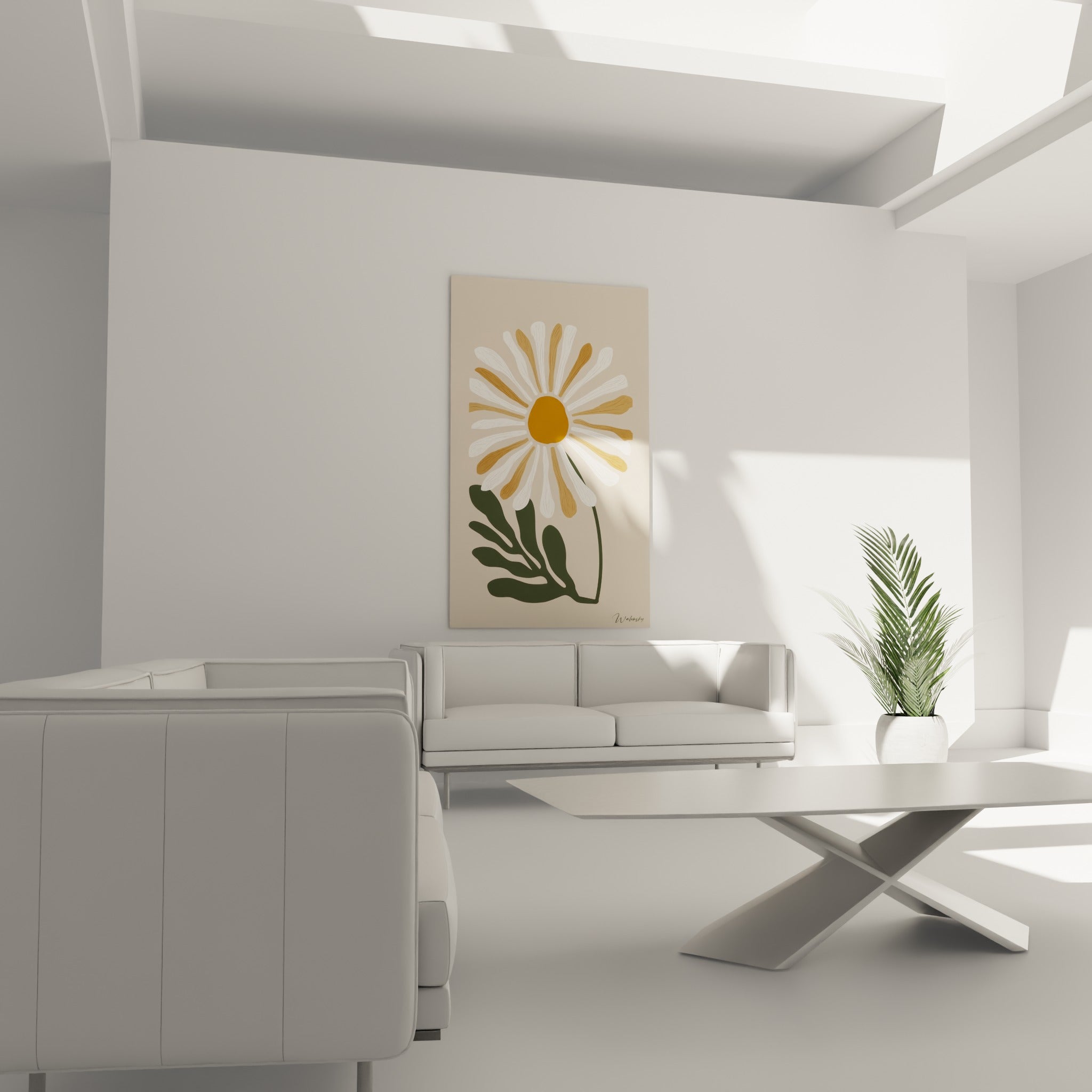Pétales blancs et dorés d'une marguerite illustrée au-dessus d'un canapé dans un salon lumineux