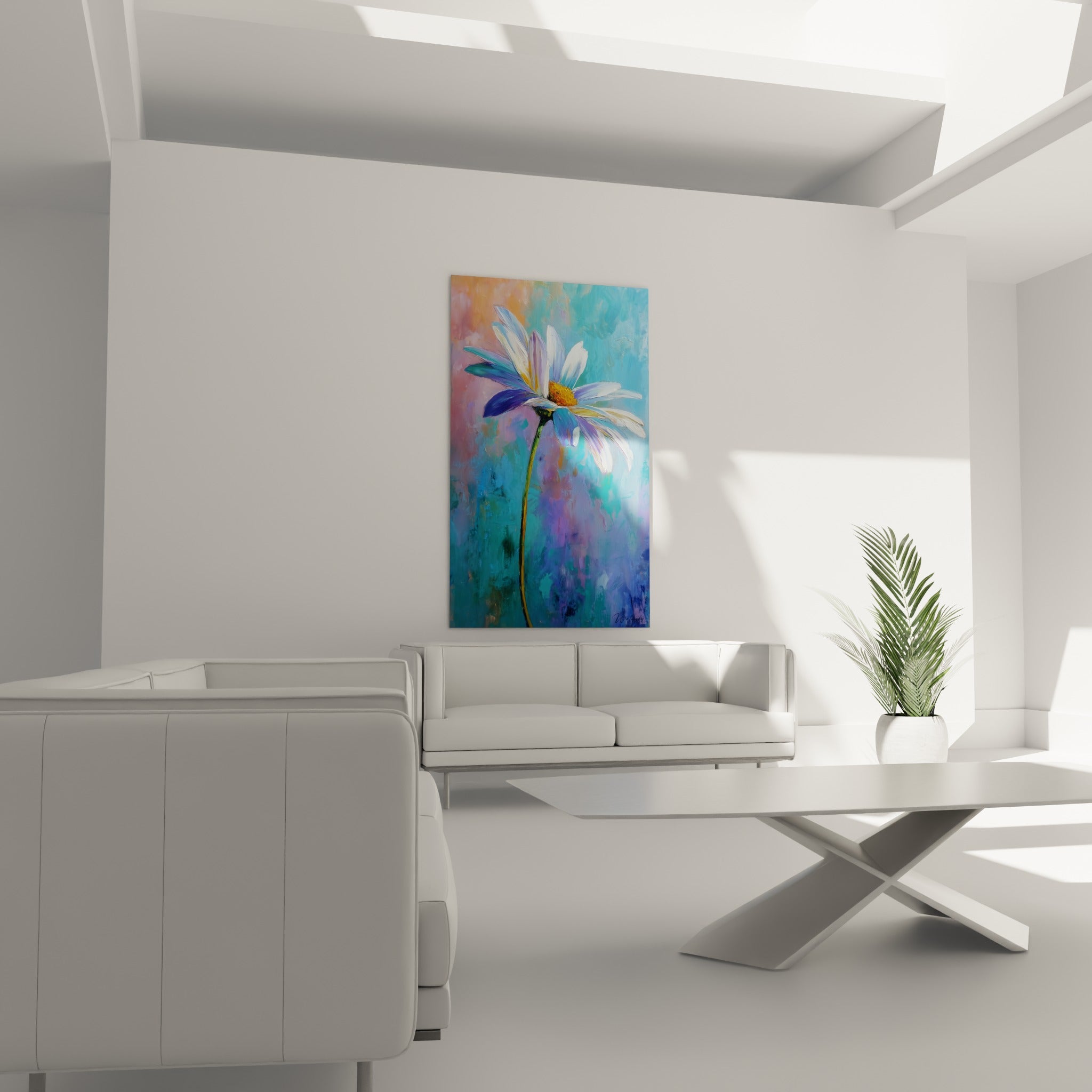 Pétales blancs et violets d'une marguerite peinte au-dessus d'un canapé dans un salon lumineux
