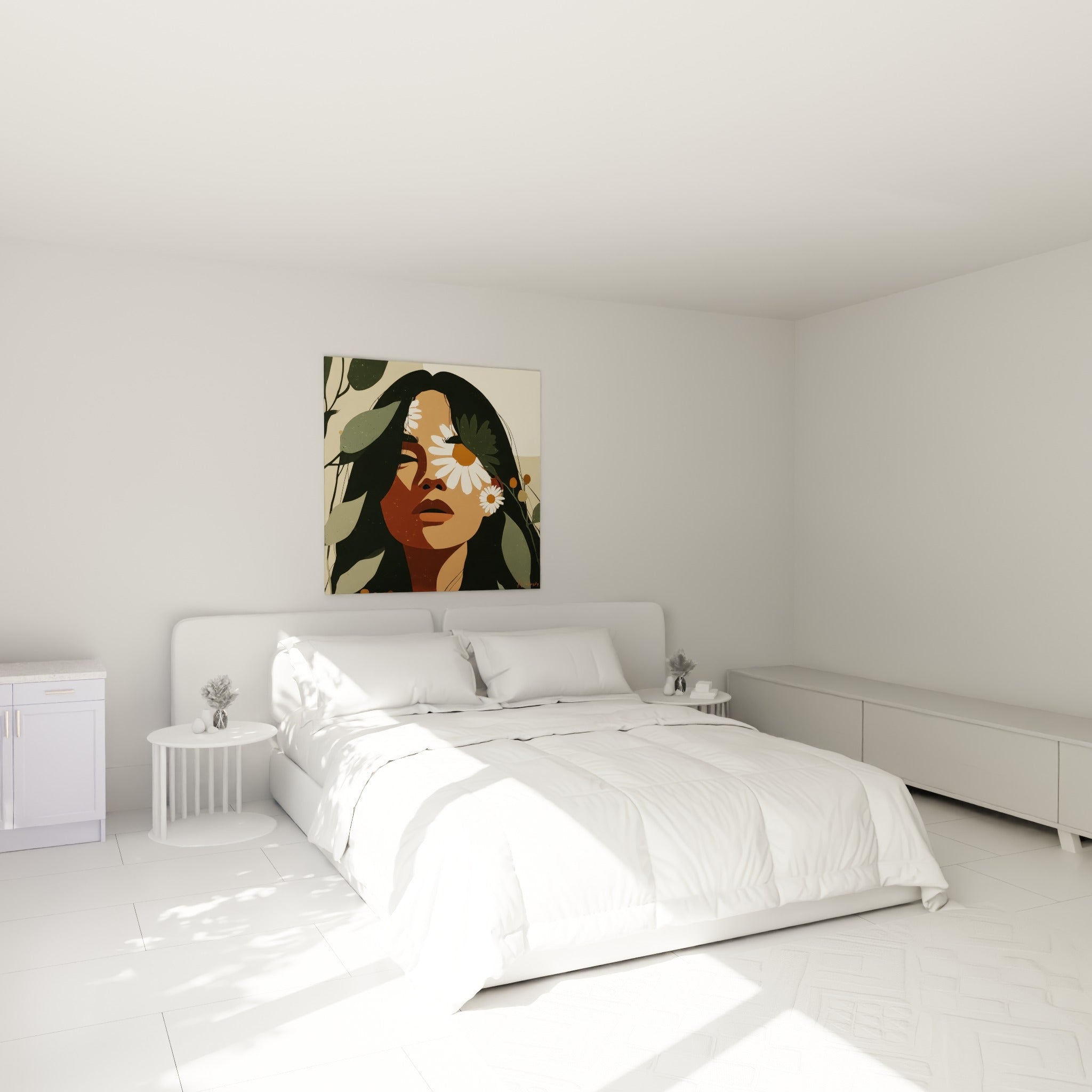 Femme stylisée au regard couvert de fleurs blanches et brun terracotta, accrochée au-dessus d'un lit dans une chambre claire