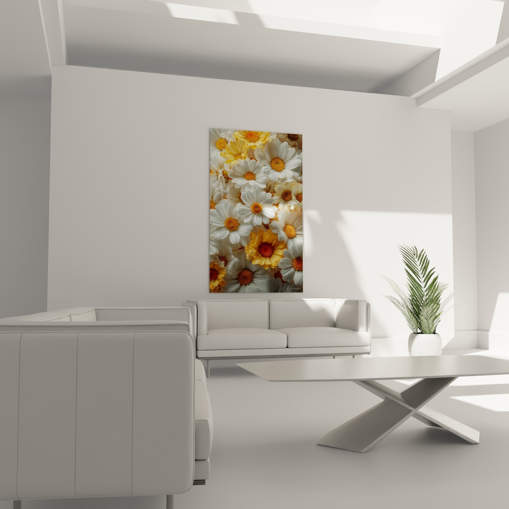 Fleurs de marguerite blanches et orangées suspendues au-dessus d'un canapé dans un salon lumineux