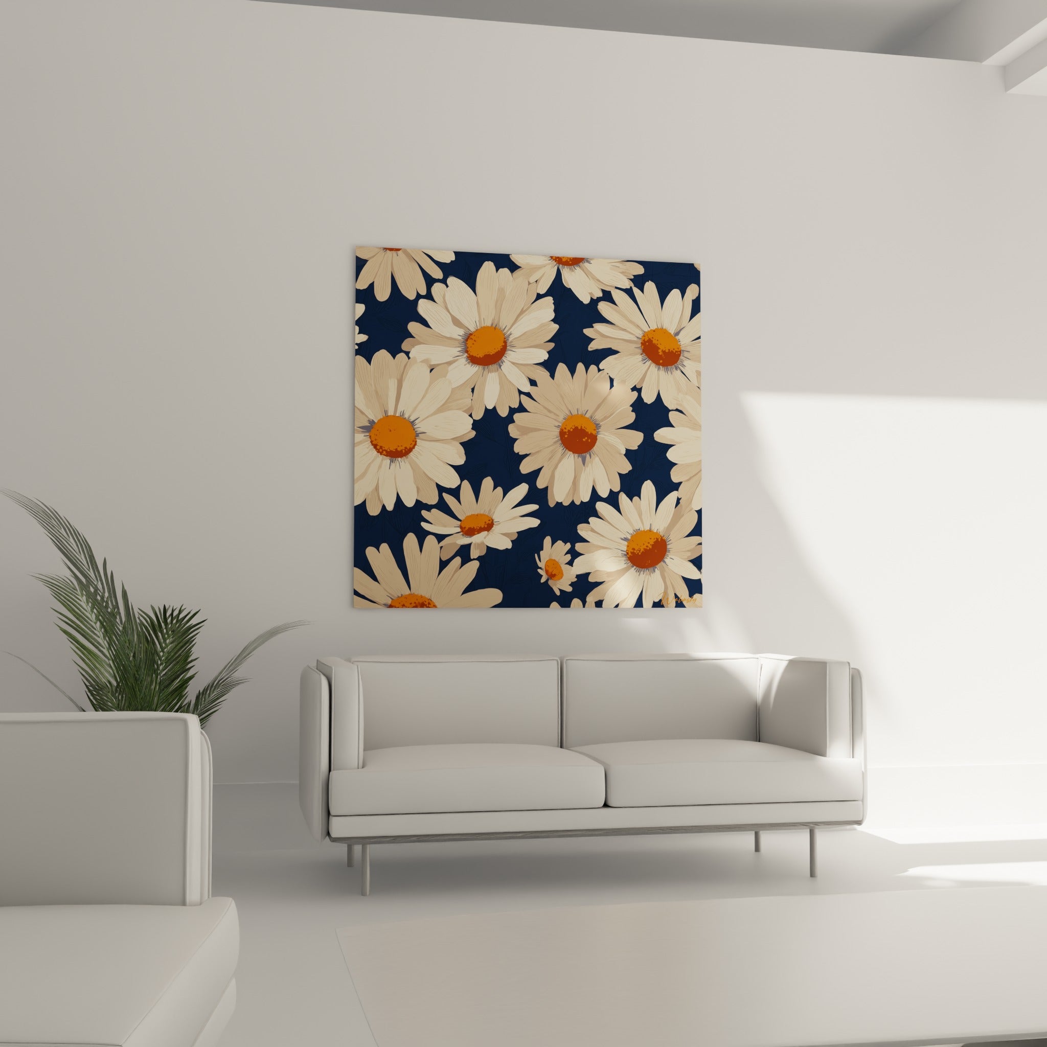 Pétales beige et cœurs orangés de marguerites se déploient au-dessus d'un canapé dans un salon lumineux