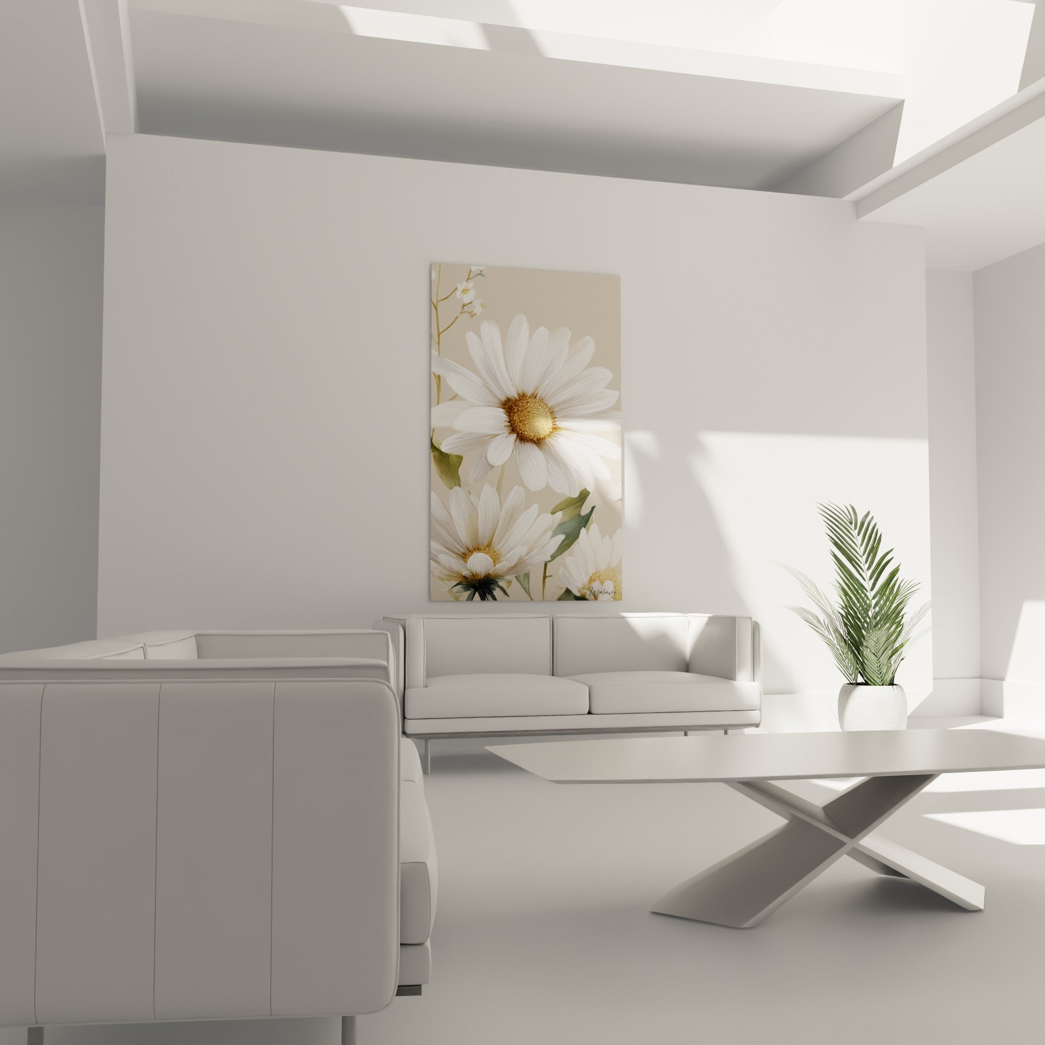 Pétales blancs et cœur doré des marguerites finement dessinés, au-dessus d'un canapé dans un salon lumineux